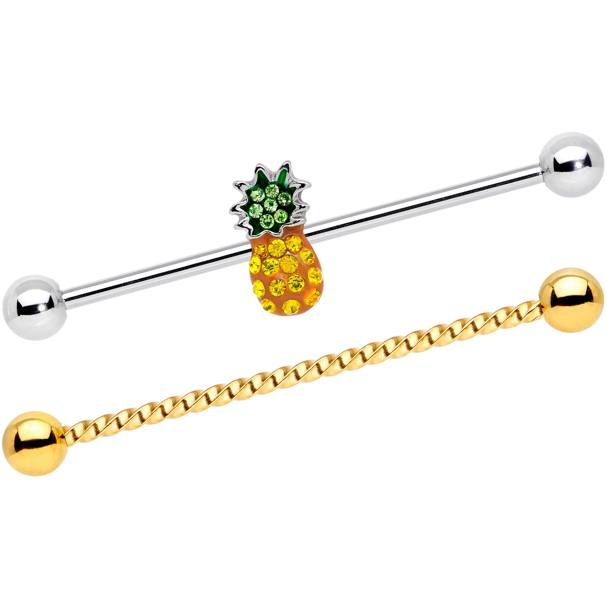 14G Yellow Green Gem Pineapple Twisted Industrial Barbell Set