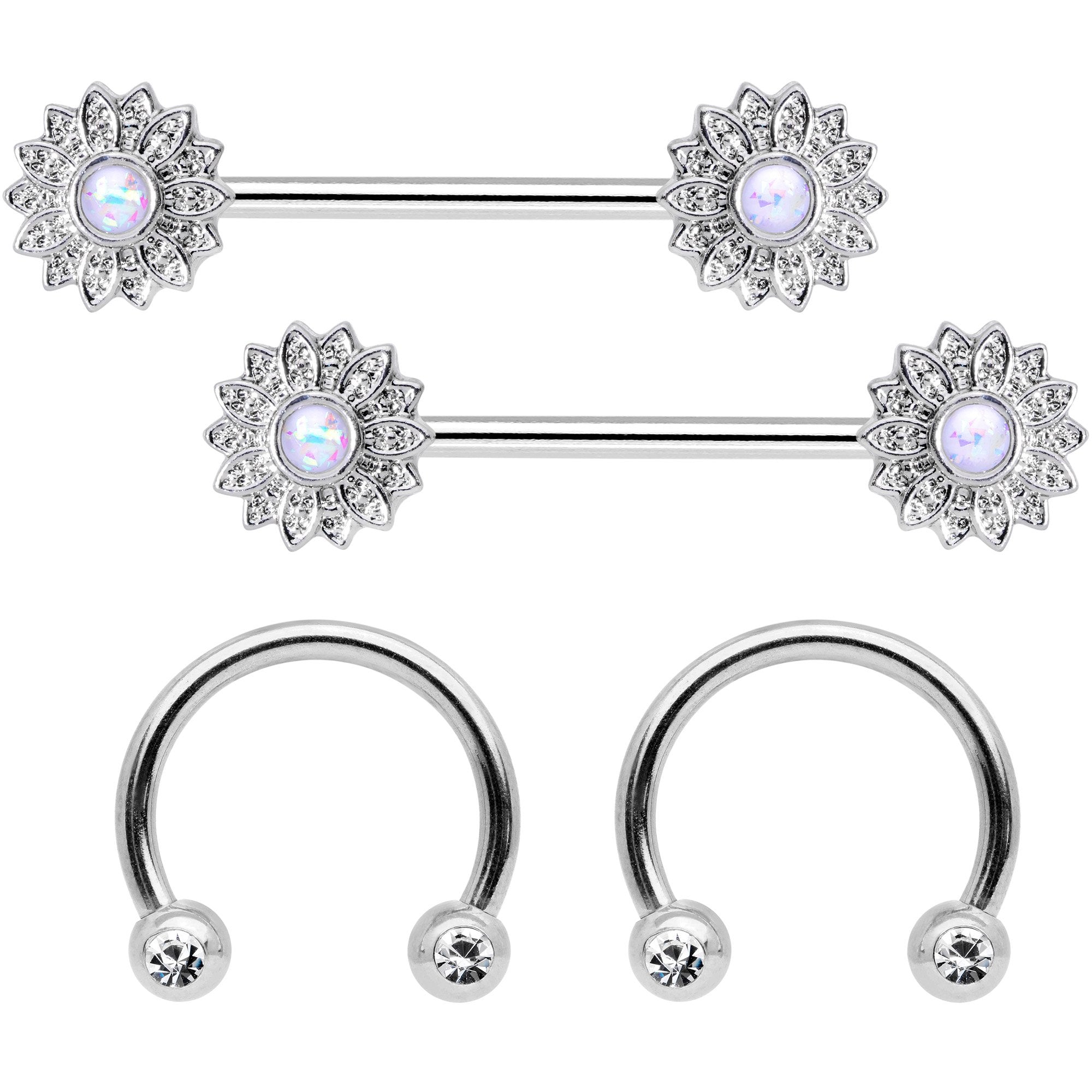 14G 9/16 1/2 White Faux Opal Horseshoe Barbell Nipple Ring Set