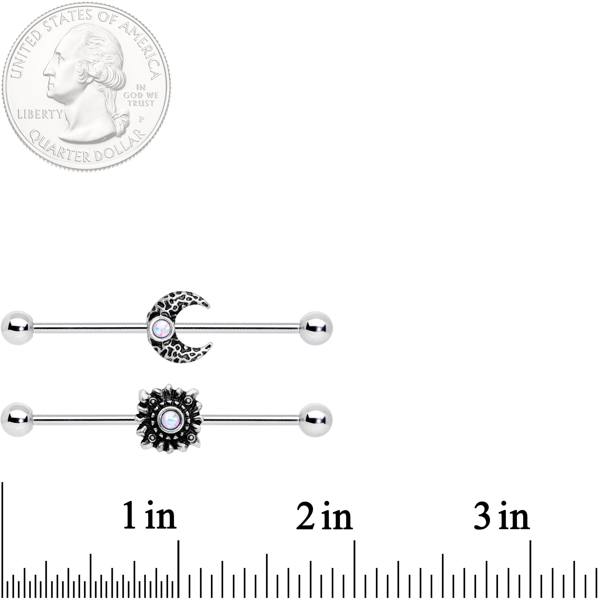 14G White Faux Opal Sun Moon Industrial Barbell Set 38mm
