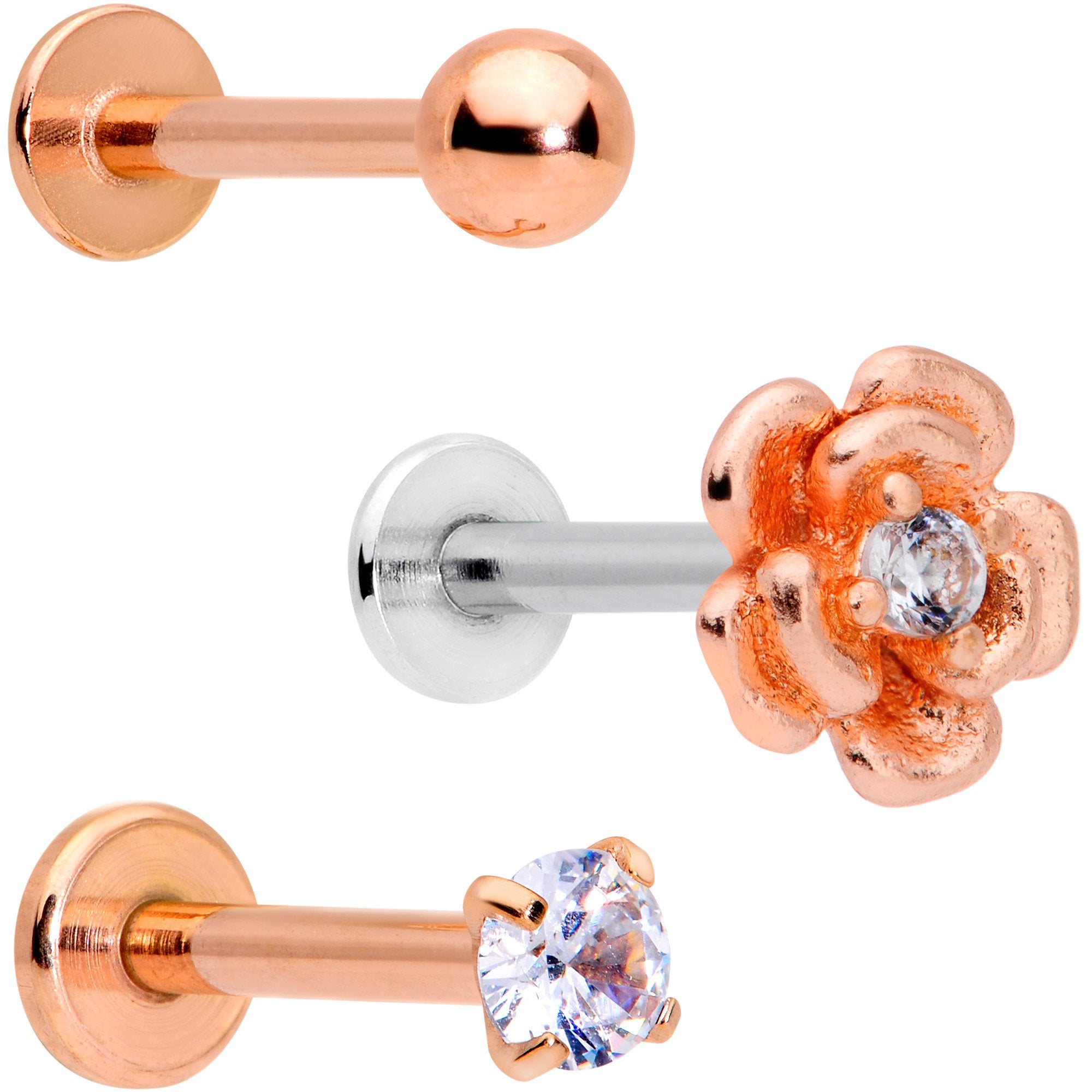 16G 5/16 Clear Gem Flower Internally Threaded Labret Set of 3