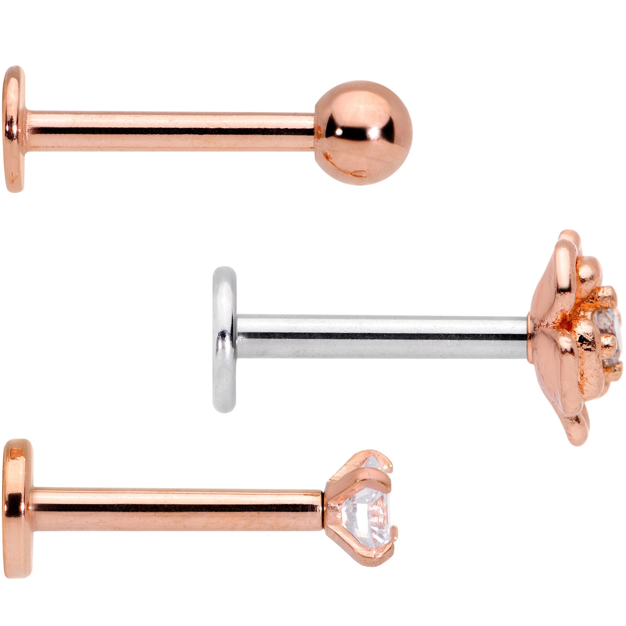 16G 5/16 Clear Gem Flower Internally Threaded Labret Set of 3