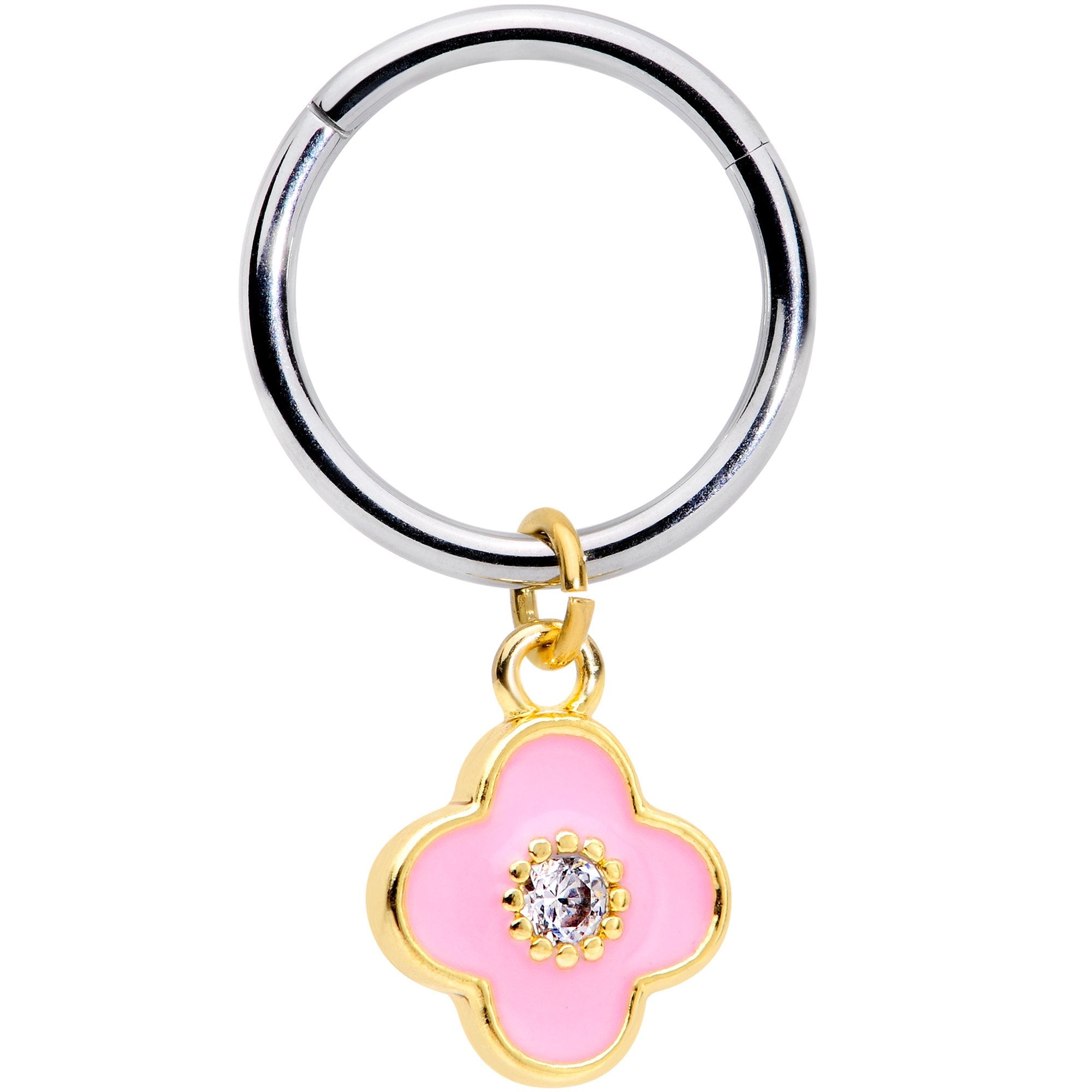 16G 3/8 Clear CZ Pink Flower Dangle Hinged Segment Ring