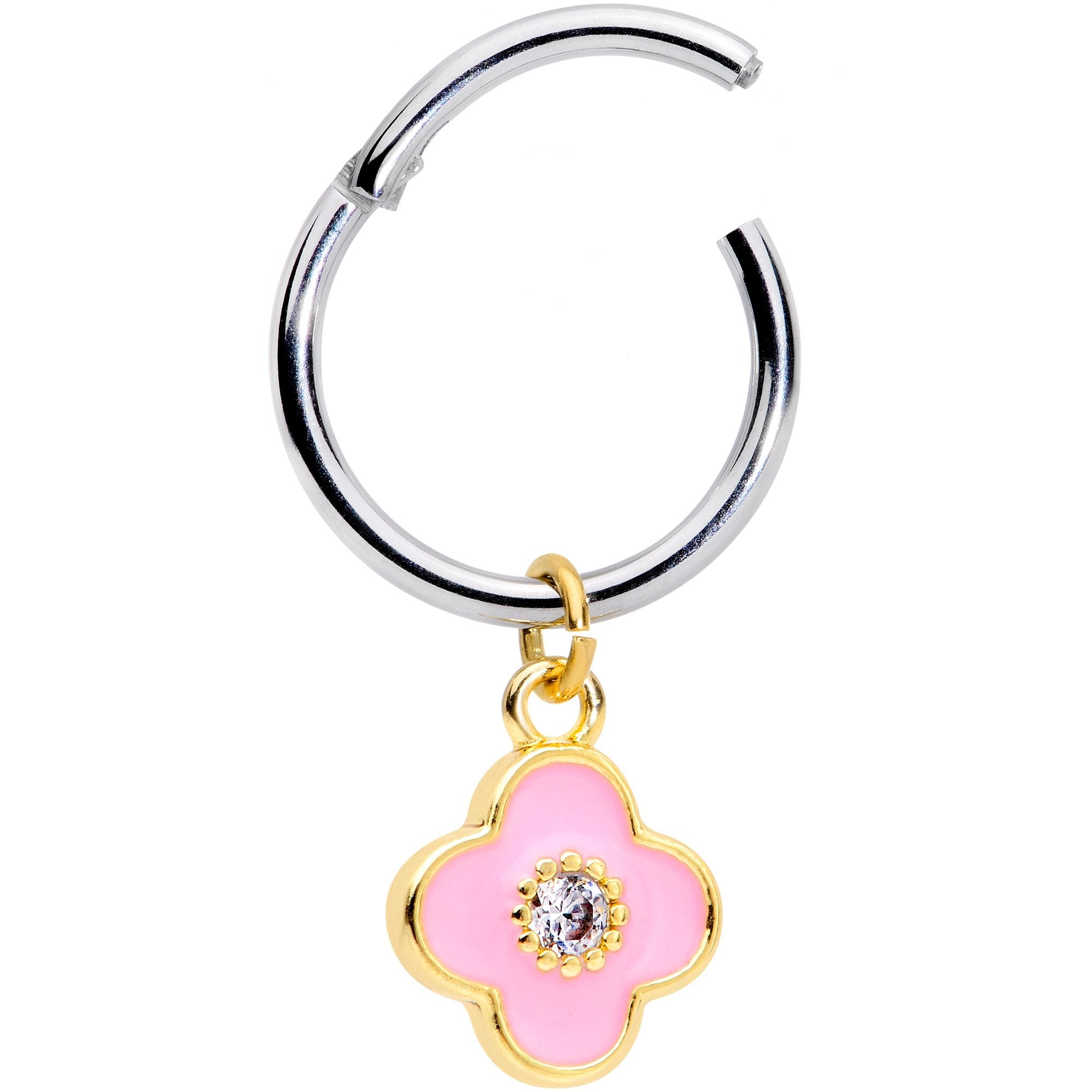 16G 3/8 Clear CZ Pink Flower Dangle Hinged Segment Ring