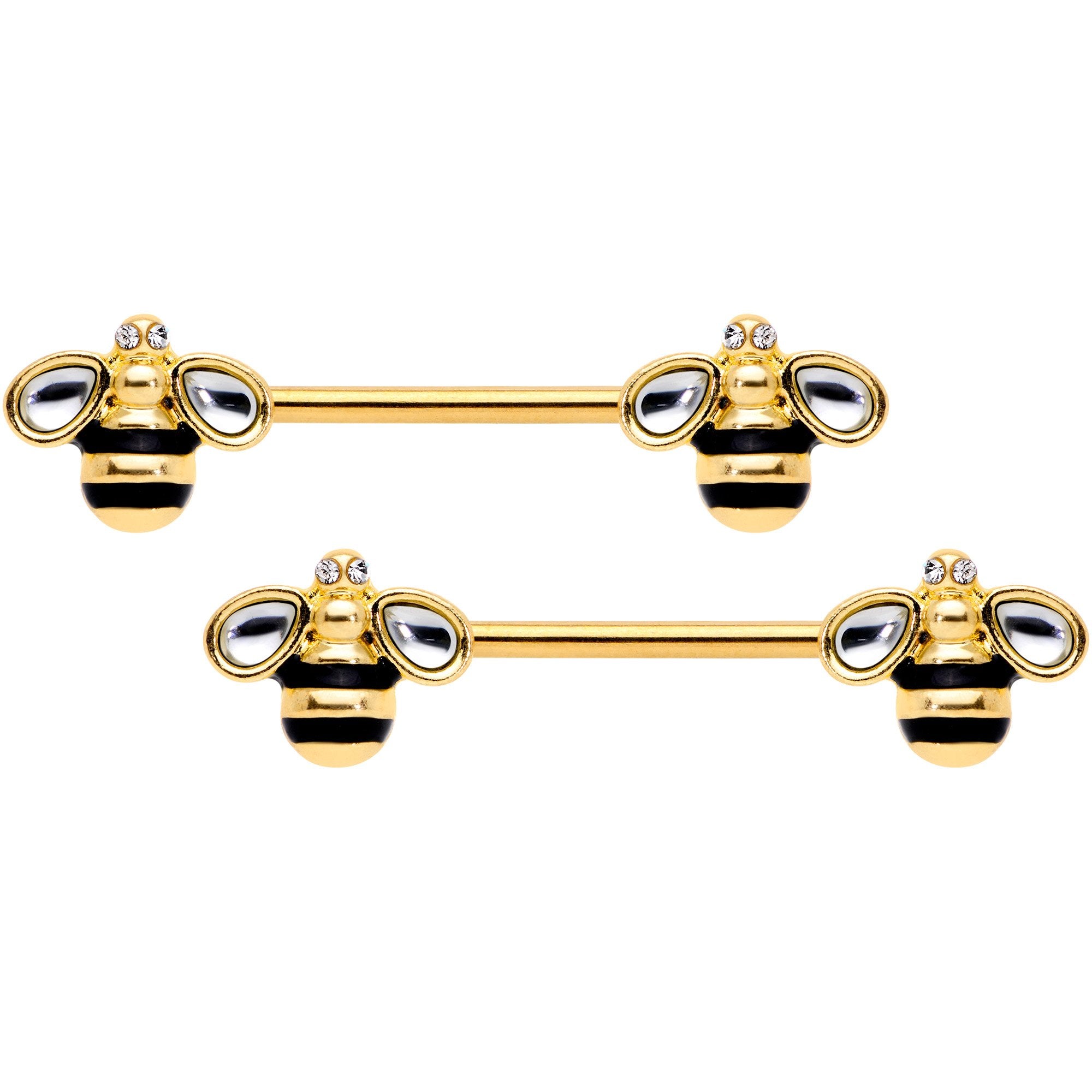 14G 9/16 Clear Gem Gold Tone Bumblebee Bling Nipple Ring Set