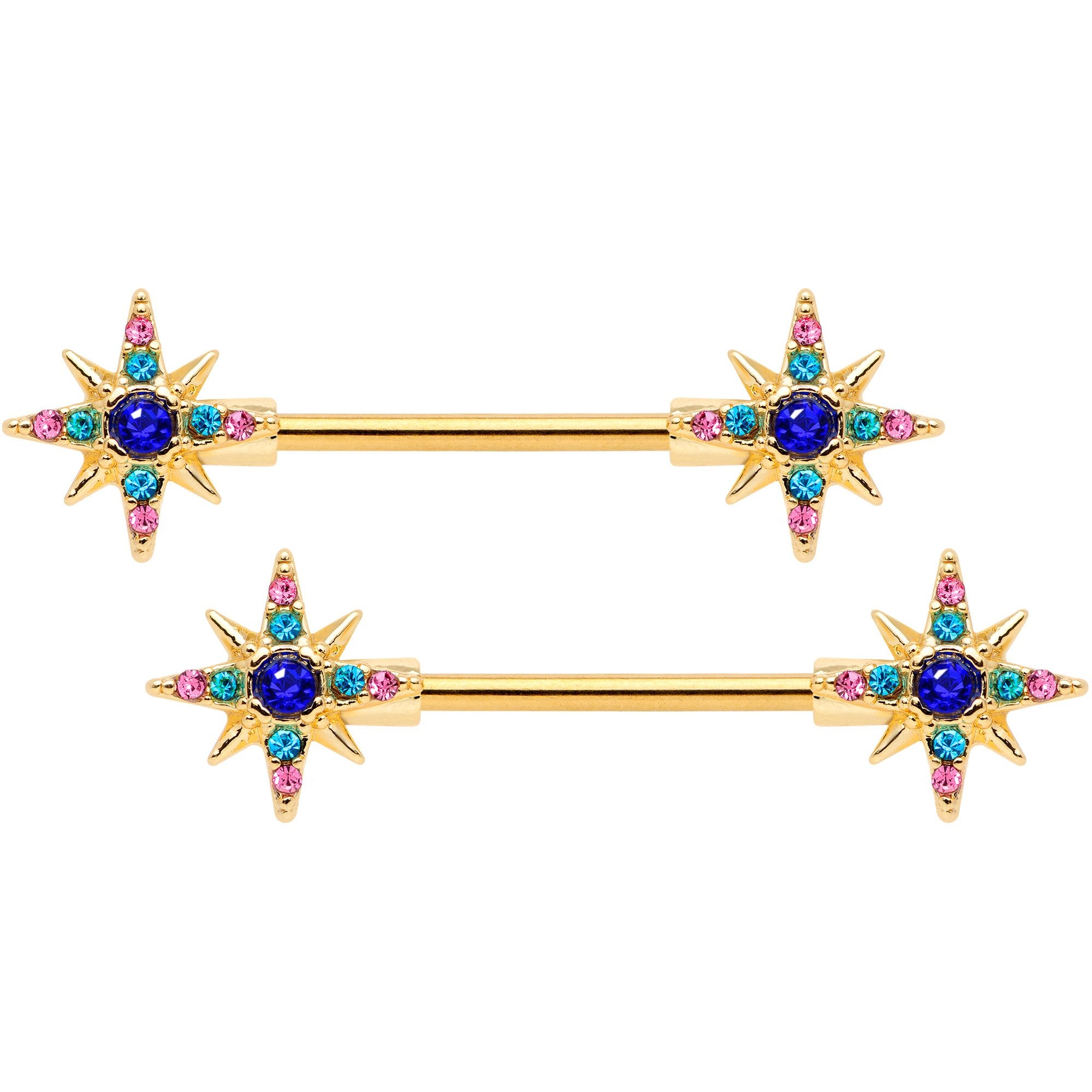 14G 9/16 Aqua Green Gem Gold Tone Star Barbell Nipple Ring Set