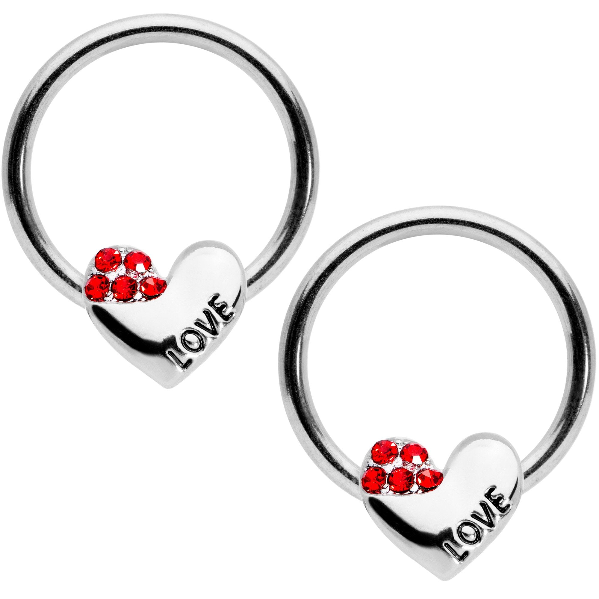 14G 1/2 Red Gem Love Heart BCR Captive Nipple Ring Set