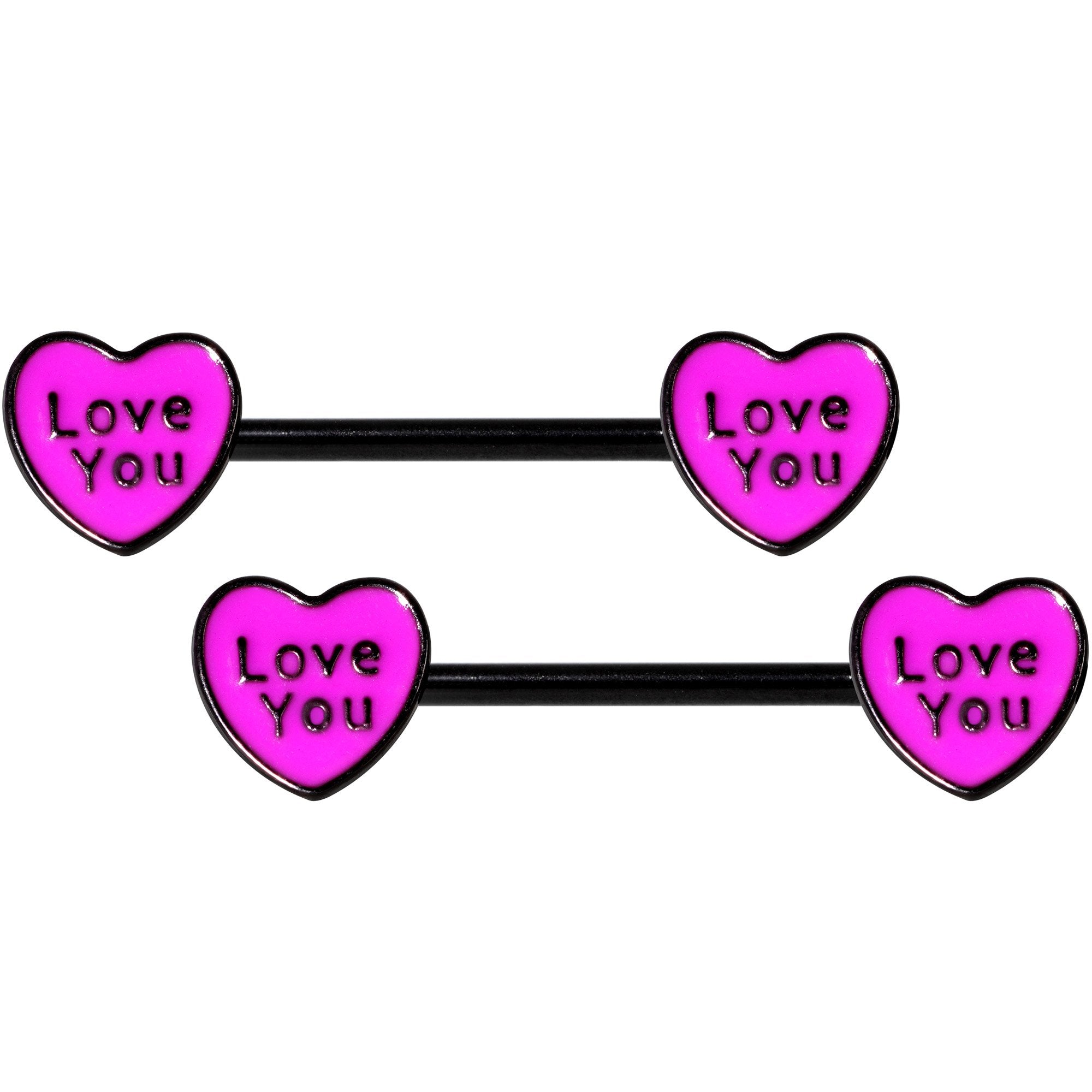 14G 5/8 Black Pink Heart Love You Barbell Nipple Ring Set