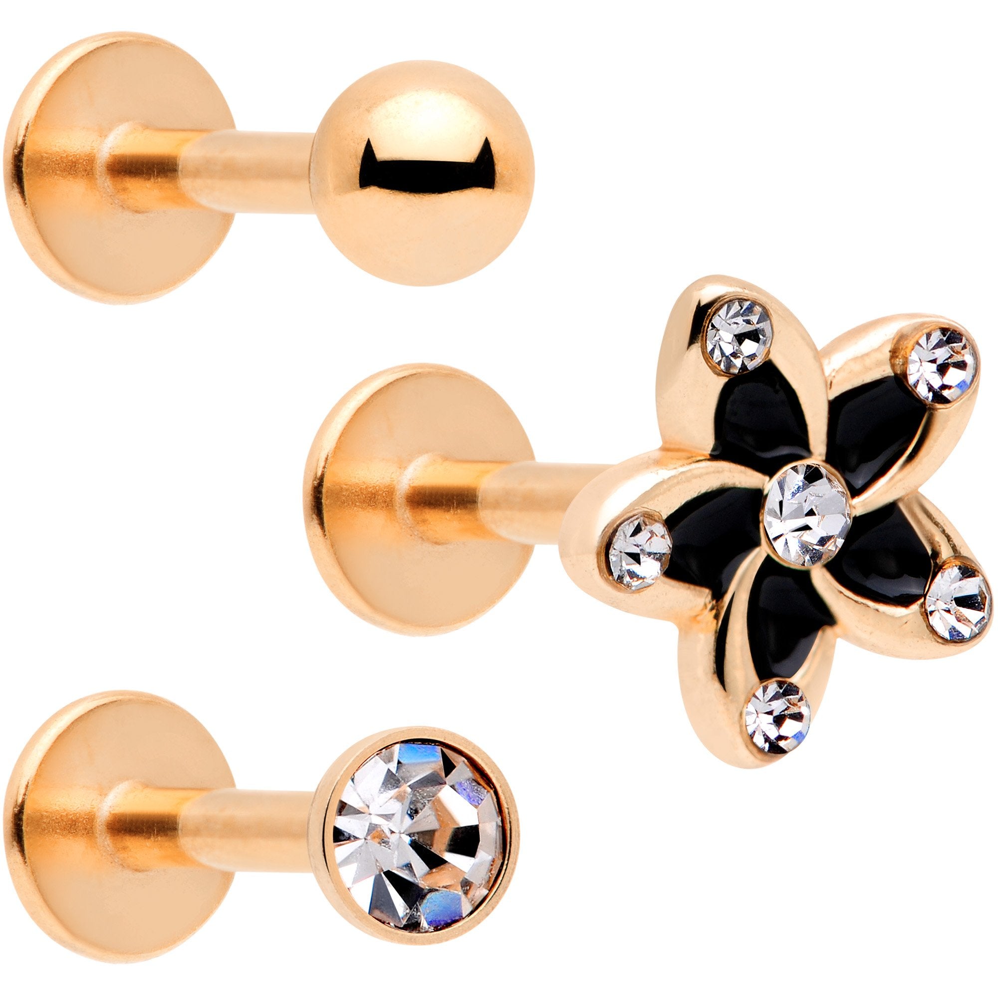 16G Clear Gem Rose Gold Tone Black Flower Labret Set of 3