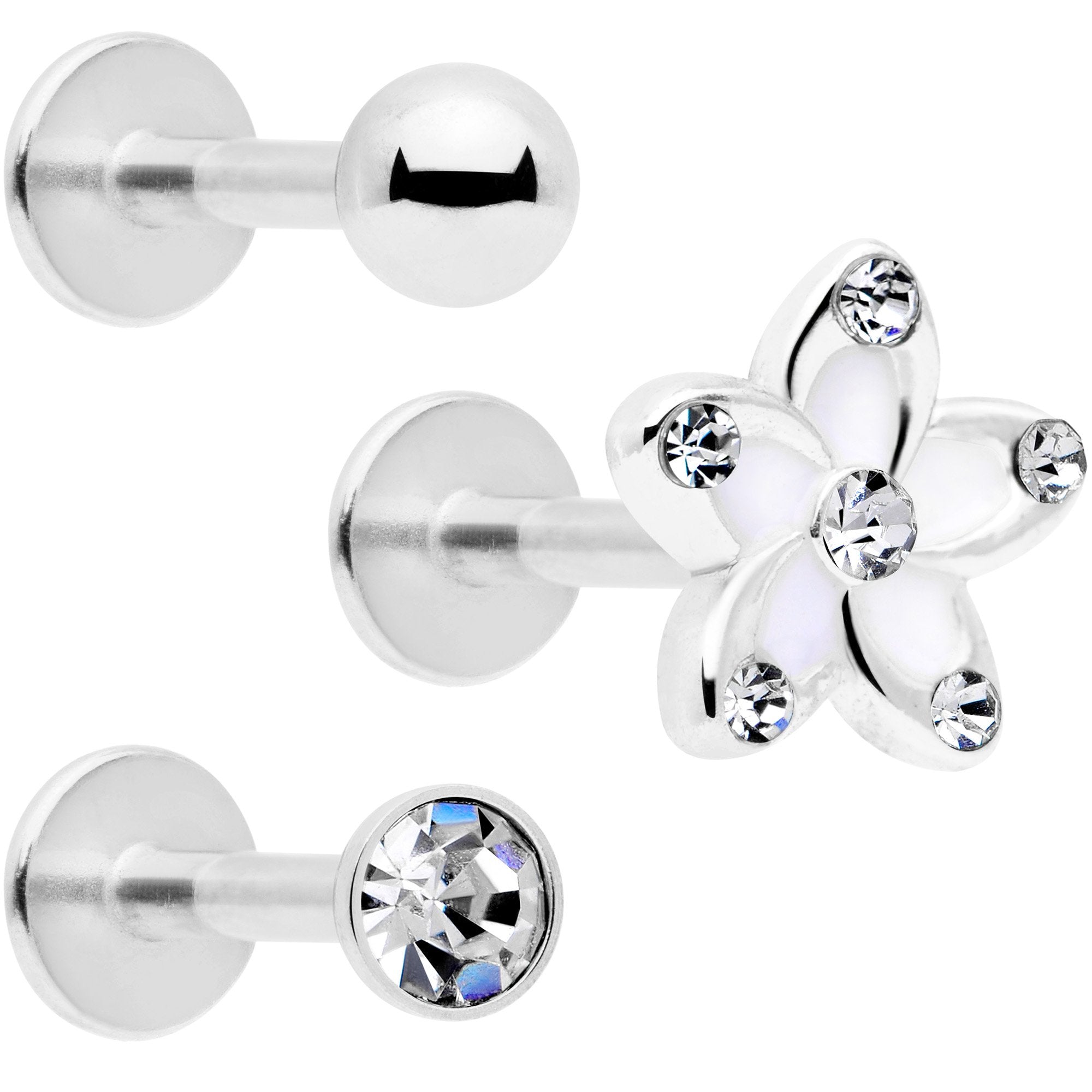 16G 5/16 Clear Gem White Flower Labret Set of 3