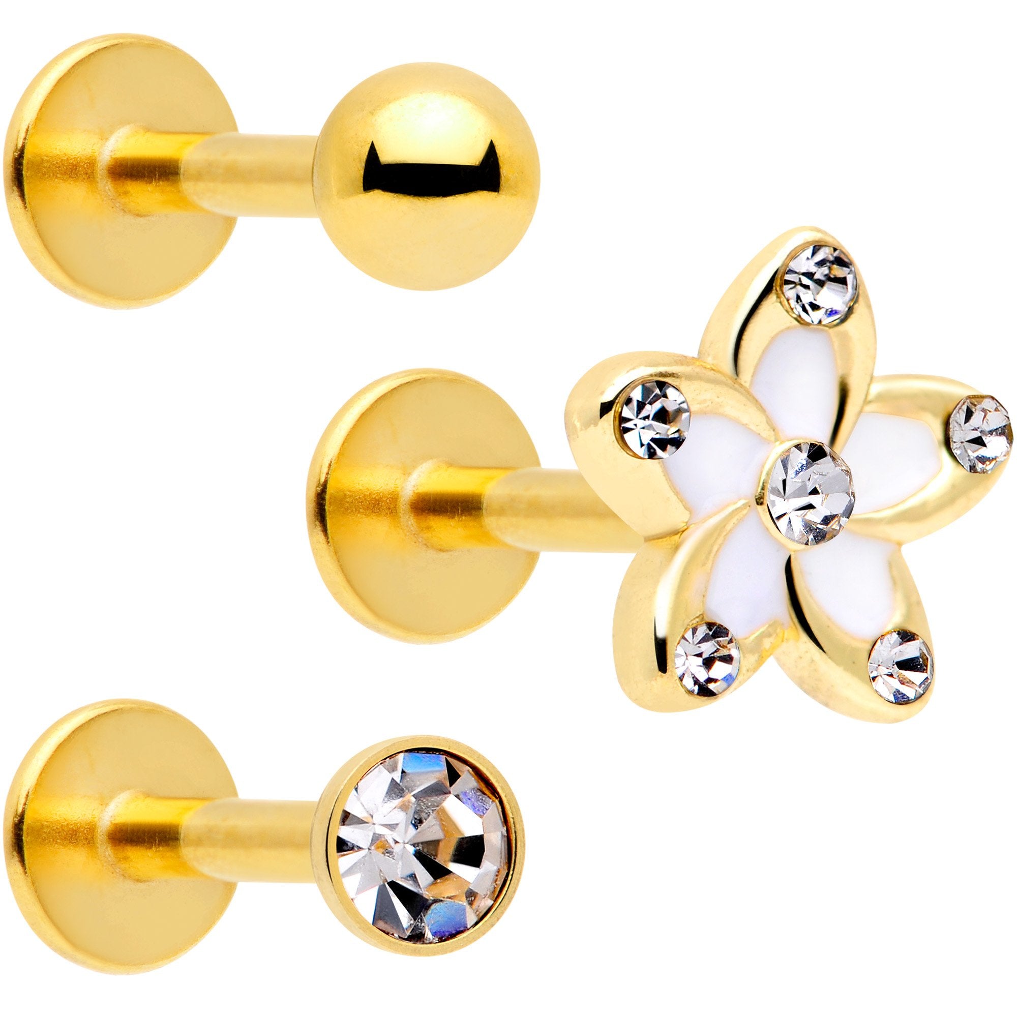16G 5/16 Clear Gem Gold Tone White Flower Labret Set of 3