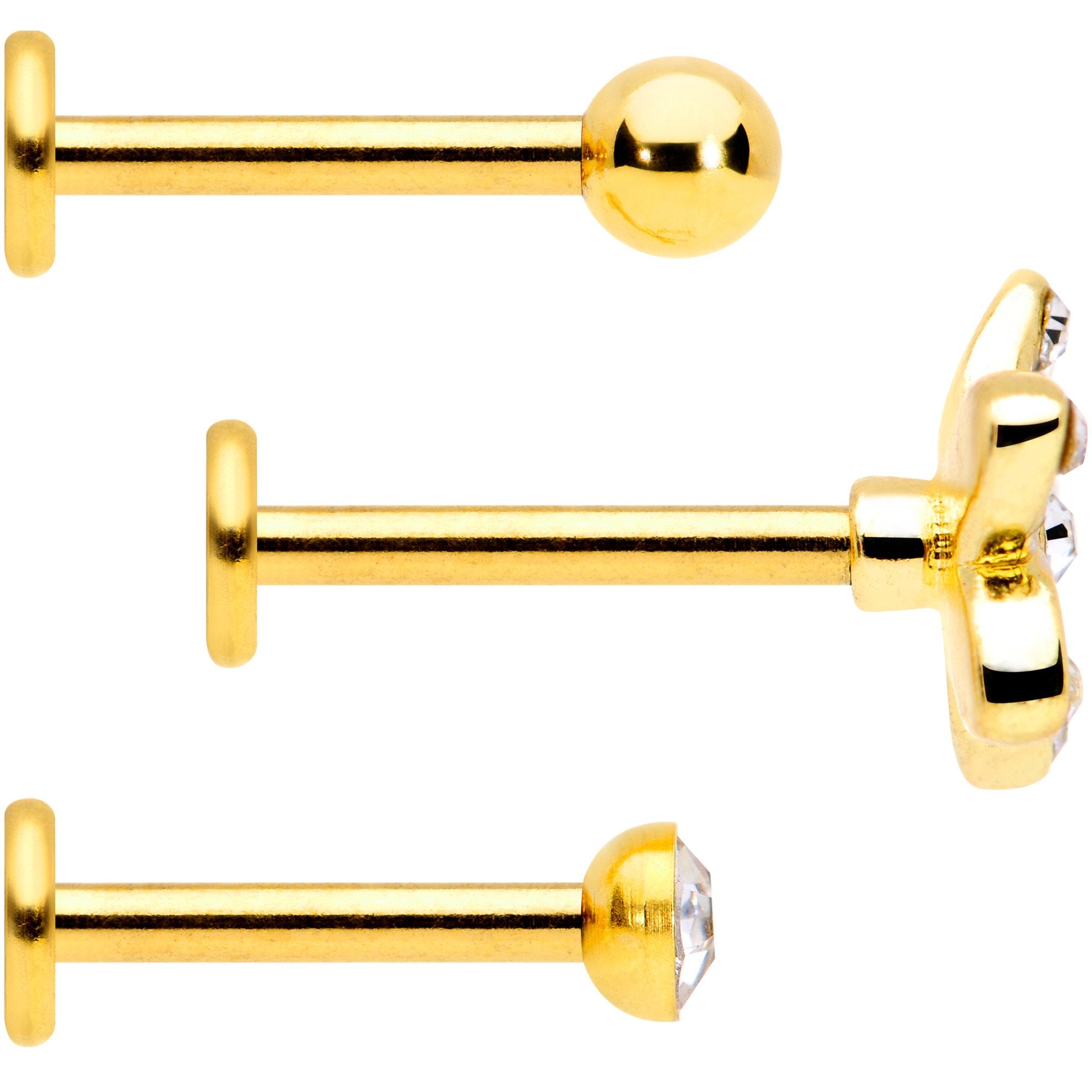 16G 5/16 Clear Gem Gold Tone White Flower Labret Set of 3