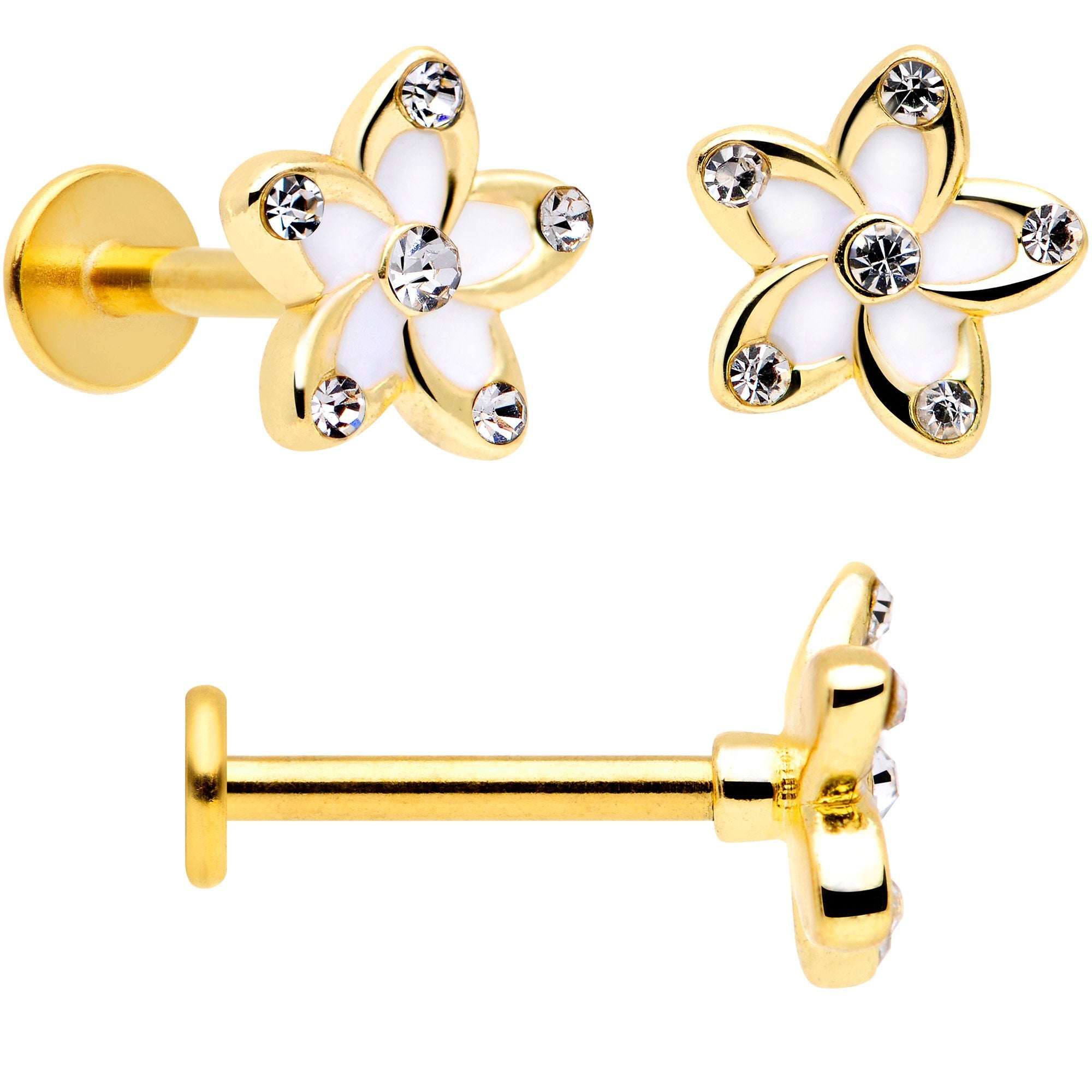 16G 5/16 Clear Gem Gold Tone White Flower Labret Set of 3