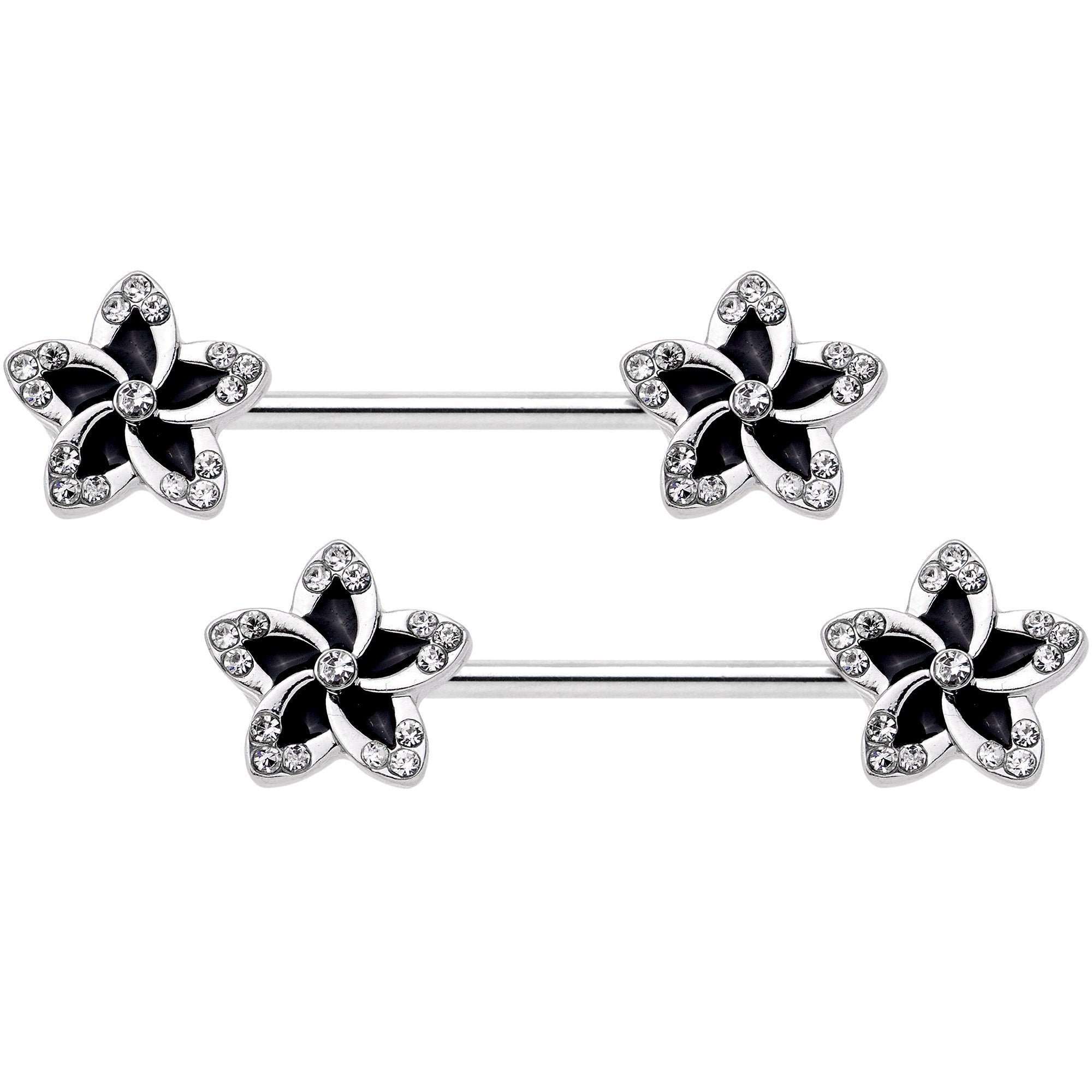 14G Clear Gem Black Flower Horseshoe Barbell Nipple Ring Set of 4