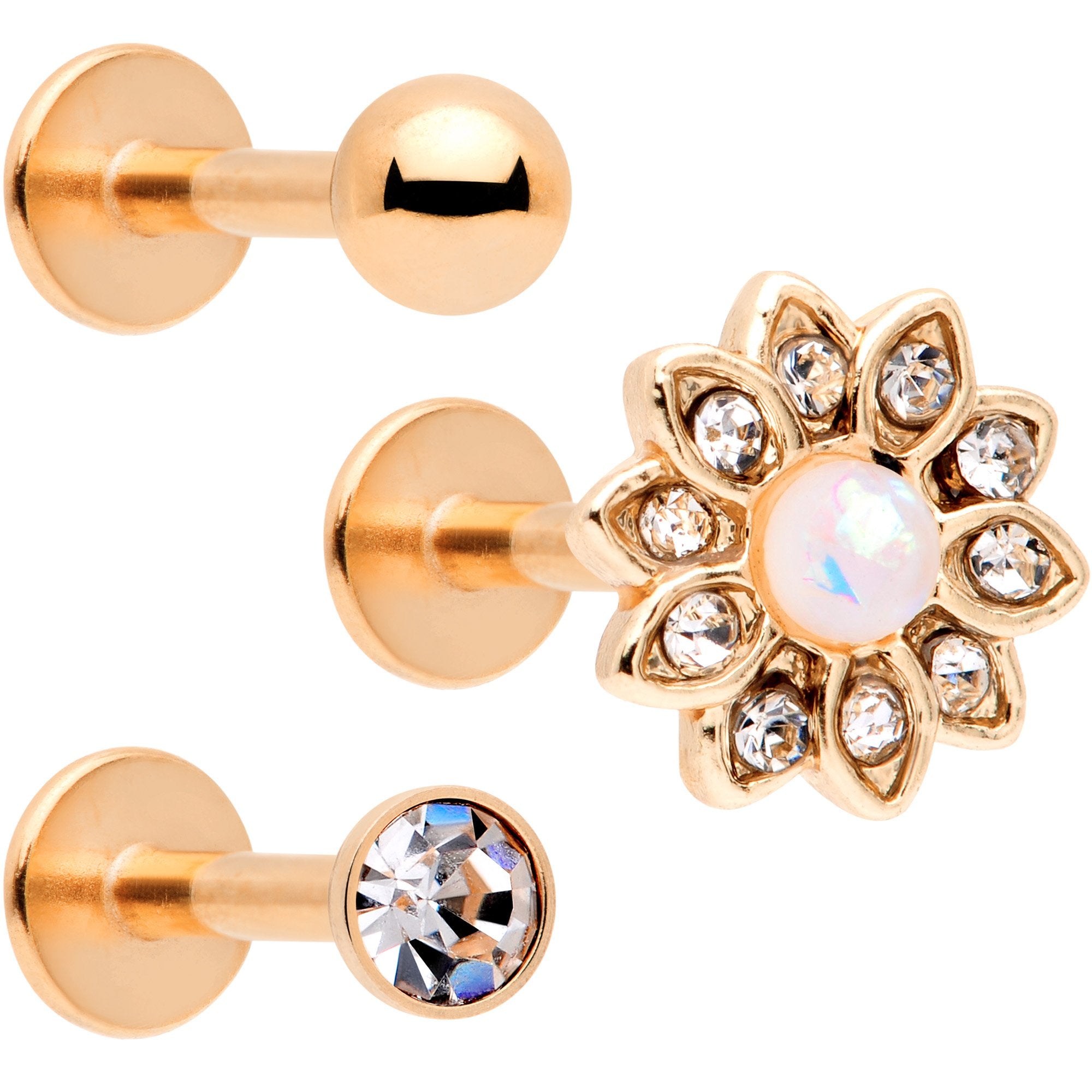16G 5/16 White Faux Opal Rose Gold Tone Flower Labret Set of 3