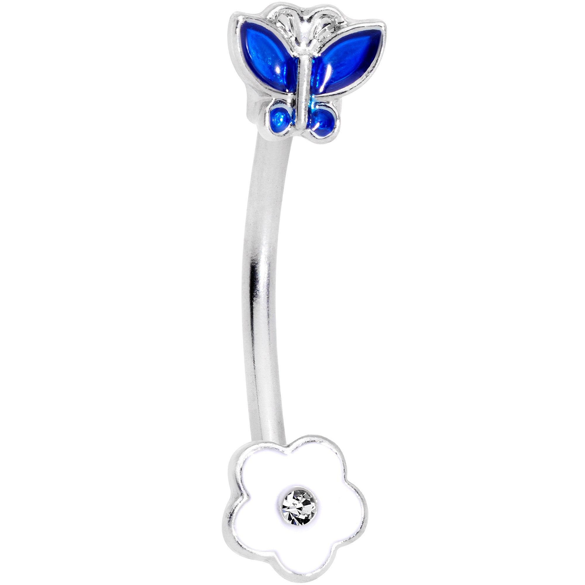 16G 3/8 Clear Gem Blue Butterfly Flower Curved Eyebrow Ring