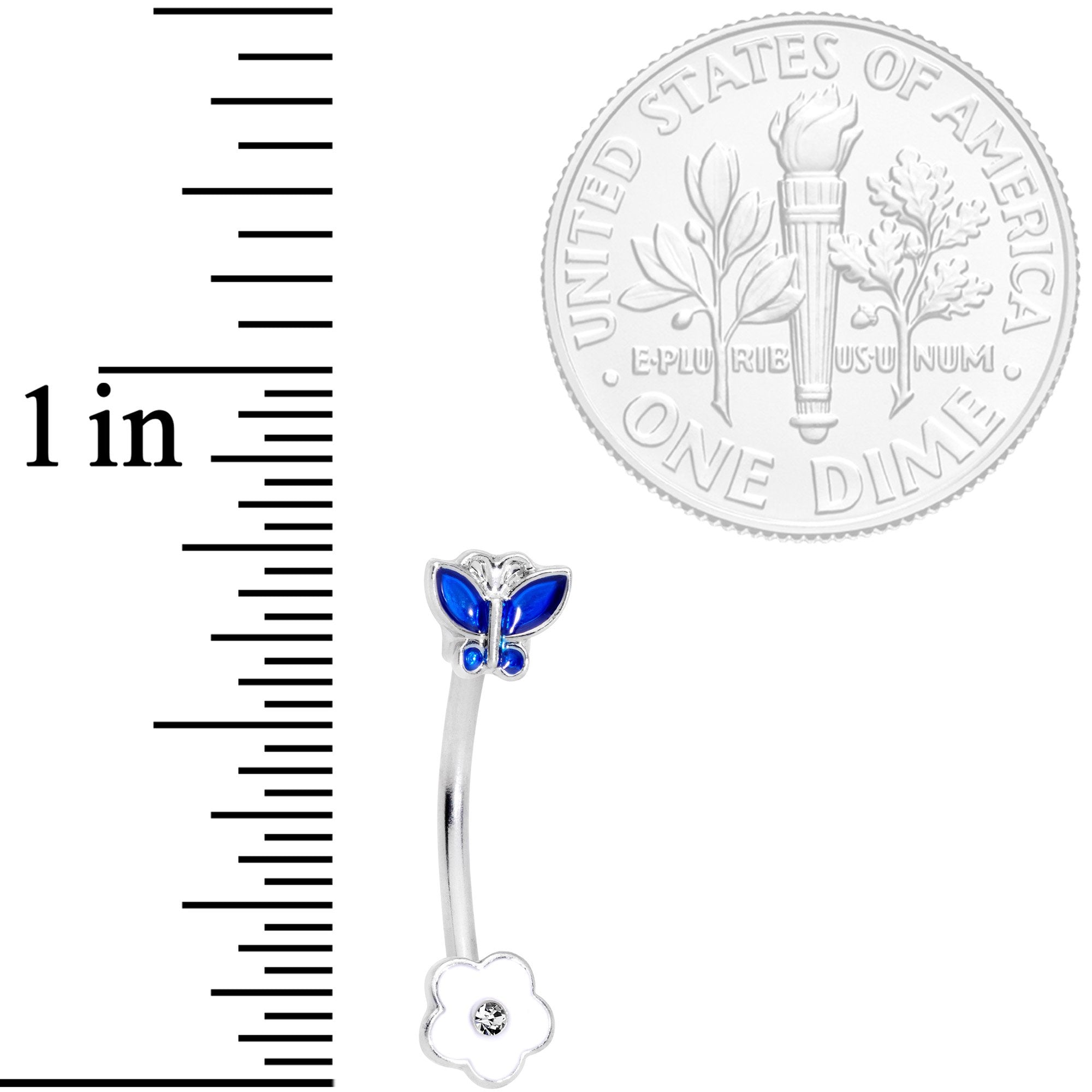 16G 3/8 Clear Gem Blue Butterfly Flower Curved Eyebrow Ring