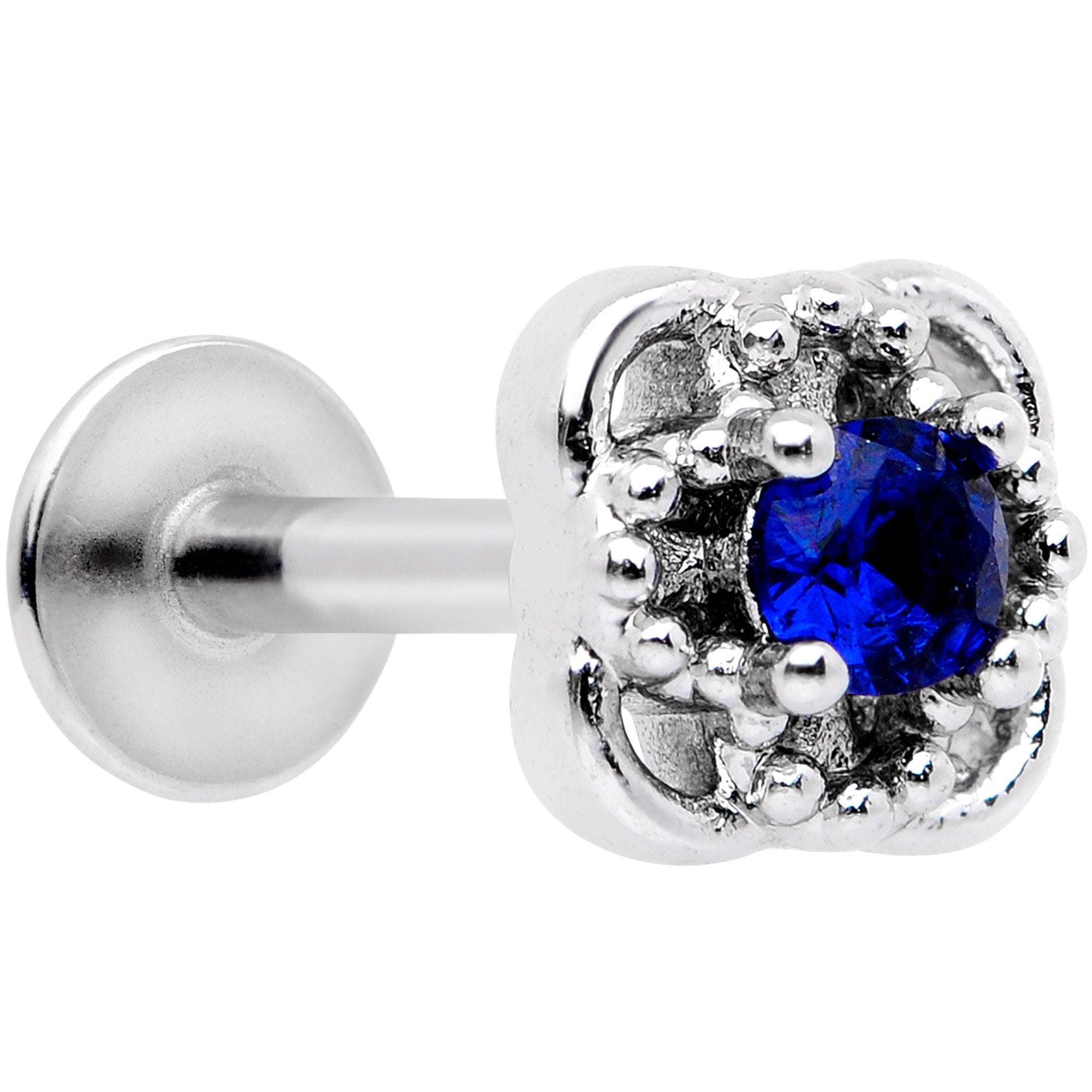 16G 5/16 Blue CZ Gem Square Cross Labret Monroe Tragus