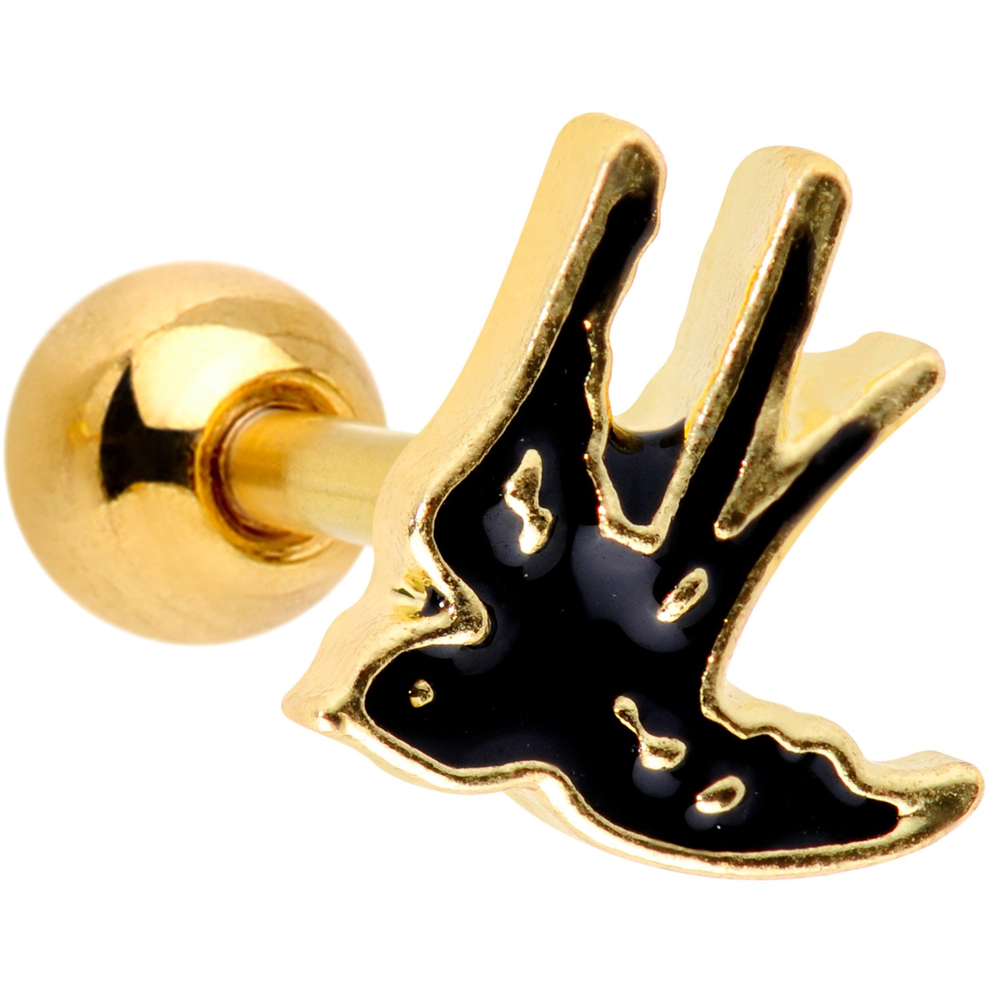 16G 1/4 Gold Tone Swallow Tattoo Black Bird Cartilage Tragus