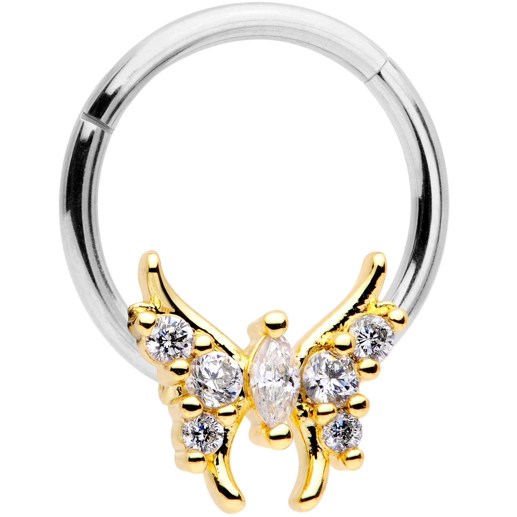 16G 3/8 Clear CZ Gold Tone Butterfly Hinged Segment Ring