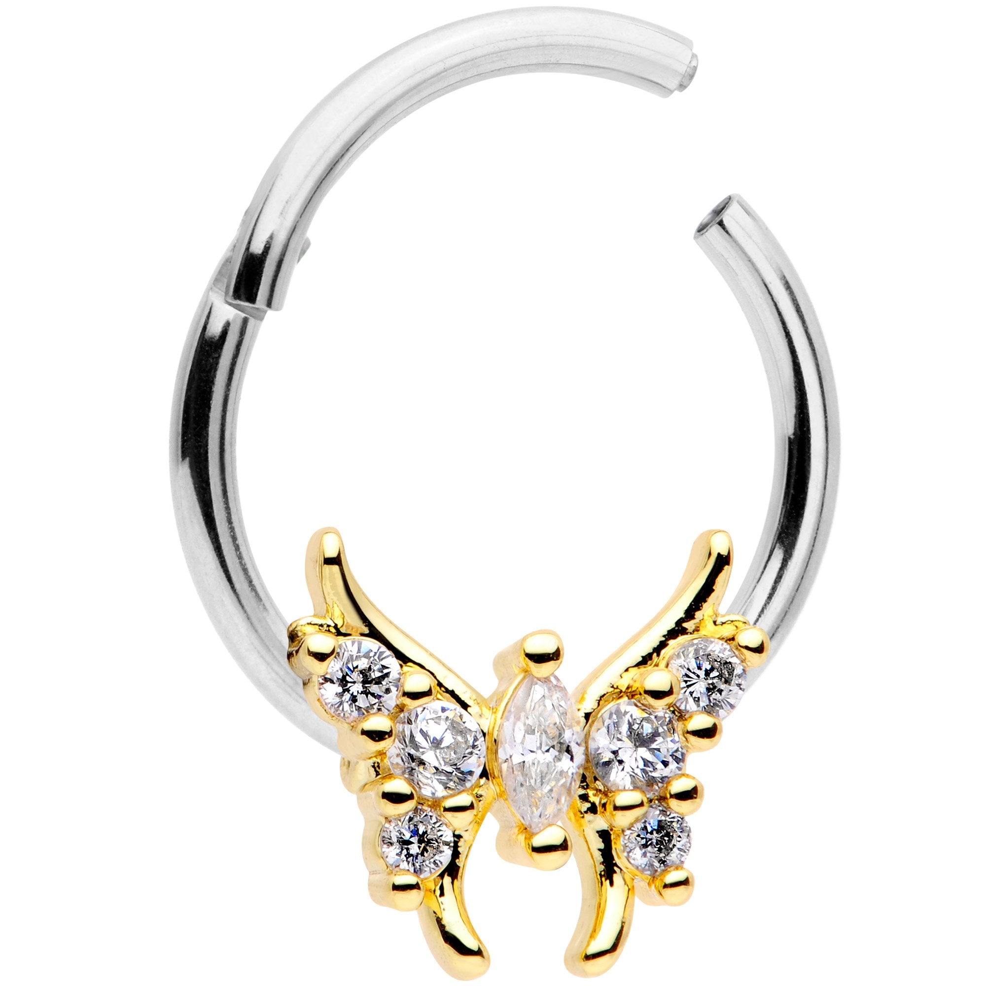16G 3/8 Clear CZ Gold Tone Butterfly Hinged Segment Ring