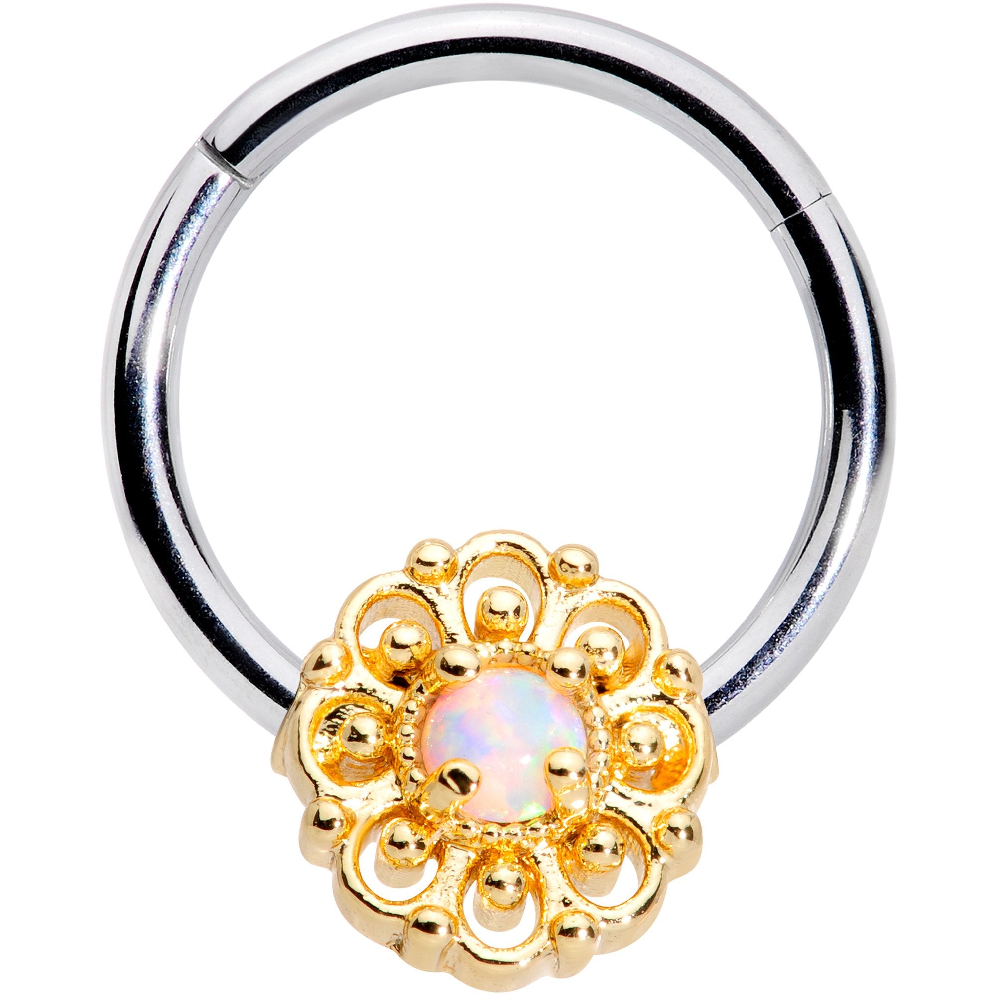 16G 3/8 White Faux Opal Lacy Flower Hinged Segment Ring