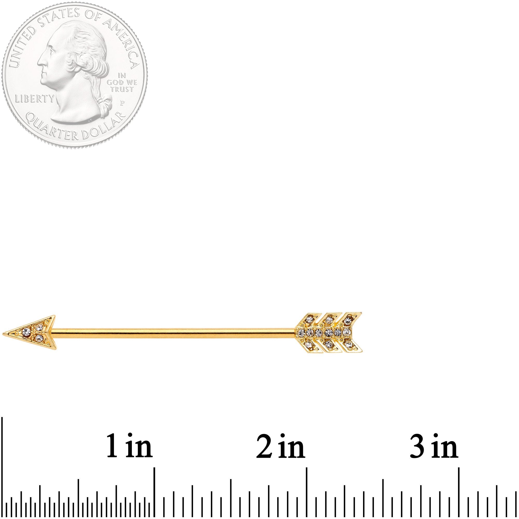 14G Clear Gem Gold Tone Flying Arrow Industrial Barbell 38mm