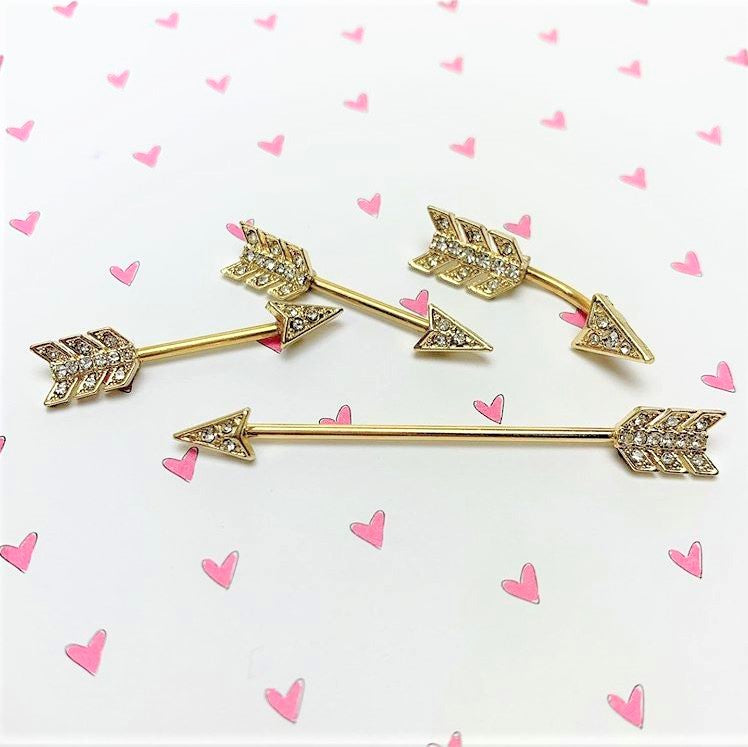 14G 9/16 Clear Gem Gold Tone Flying Arrow Barbell Nipple Ring Set