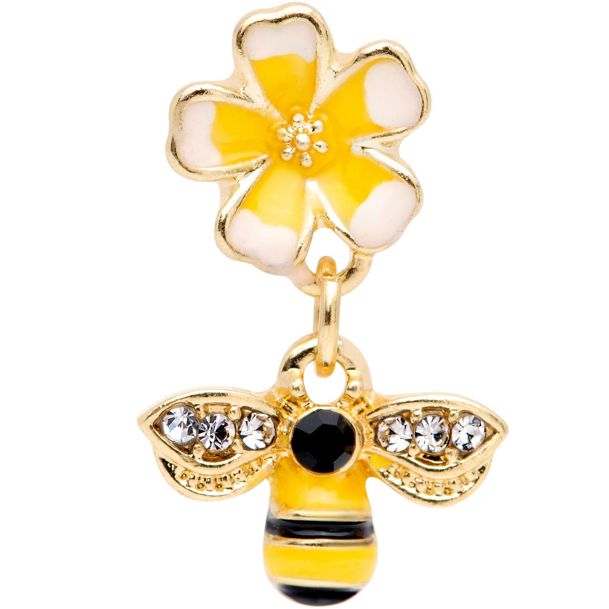 16G 1/4 Clear Black Gem Gold Tone Bee Flower Cartilage Earring