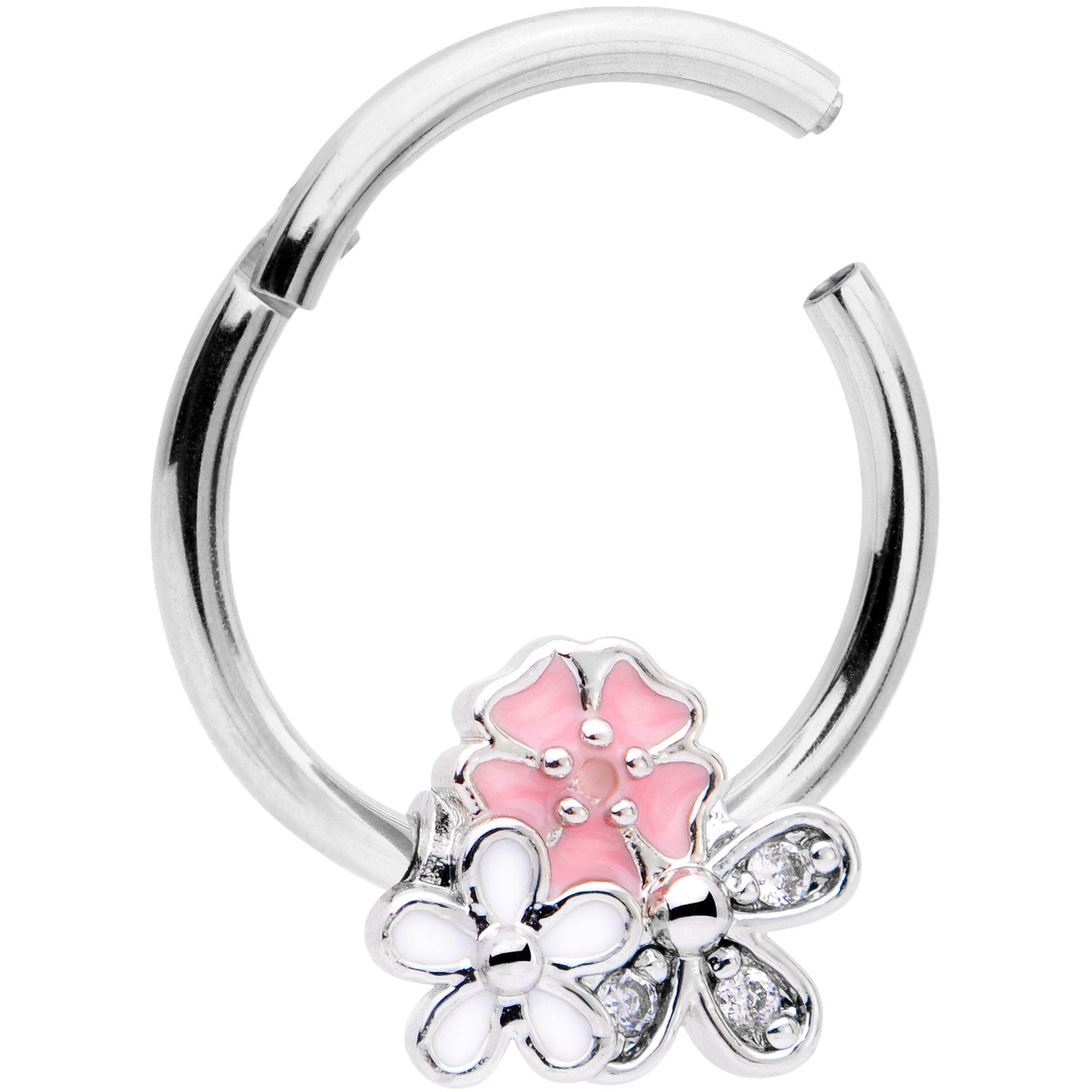 16G 3/8 Clear CZ Gem Pink White Bouquet Hinged Segment Ring