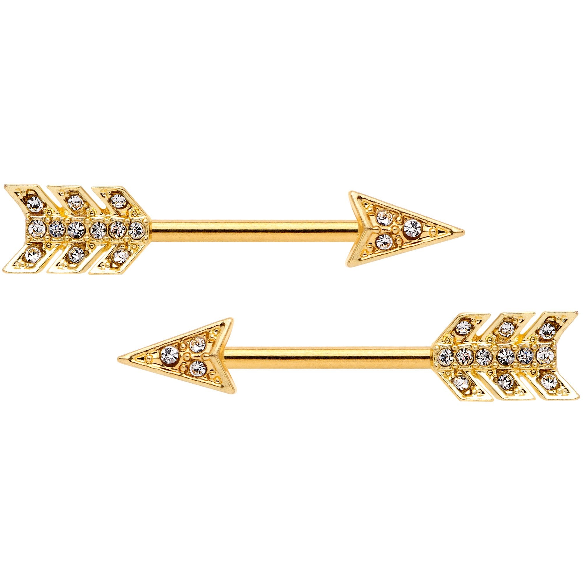 14G 9/16 Clear Gem Gold Tone Flying Arrow Barbell Nipple Ring Set