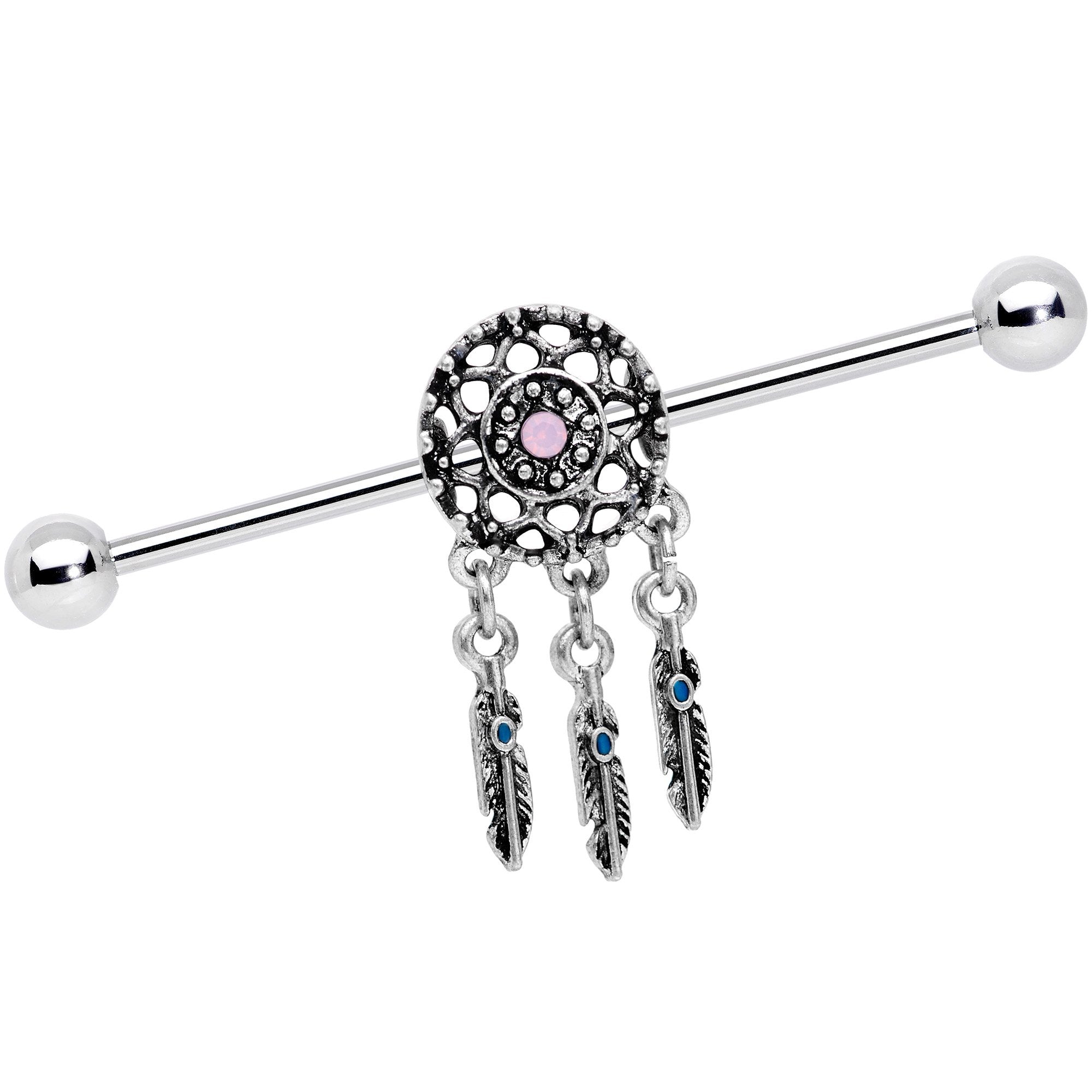 14G Pink Faux Opal Feather Dreamcatcher Dangle Industrial Barbell 38mm