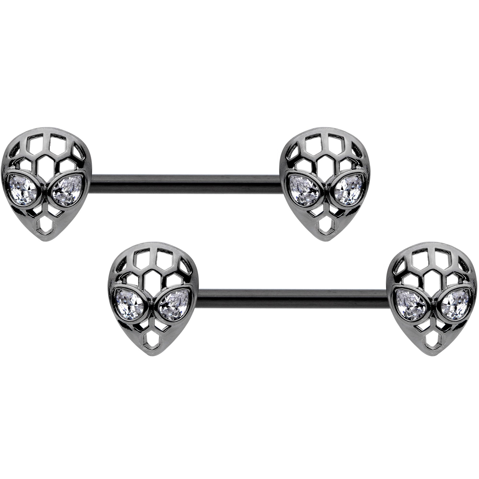 14G 9/16 Clear CZ Black Openwork Alien Barbell Nipple Ring Set