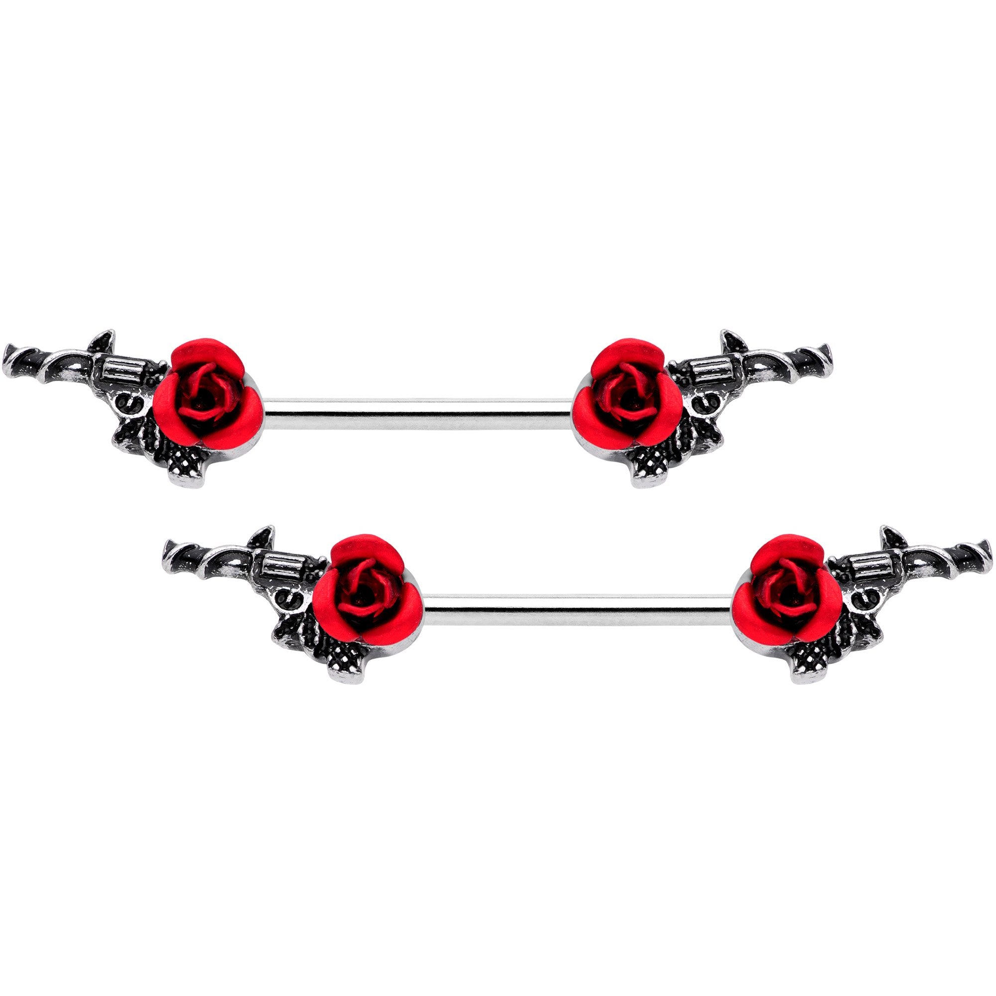 14G 9/16 Red Rose Flower and Gun Barbell Nipple Ring Set