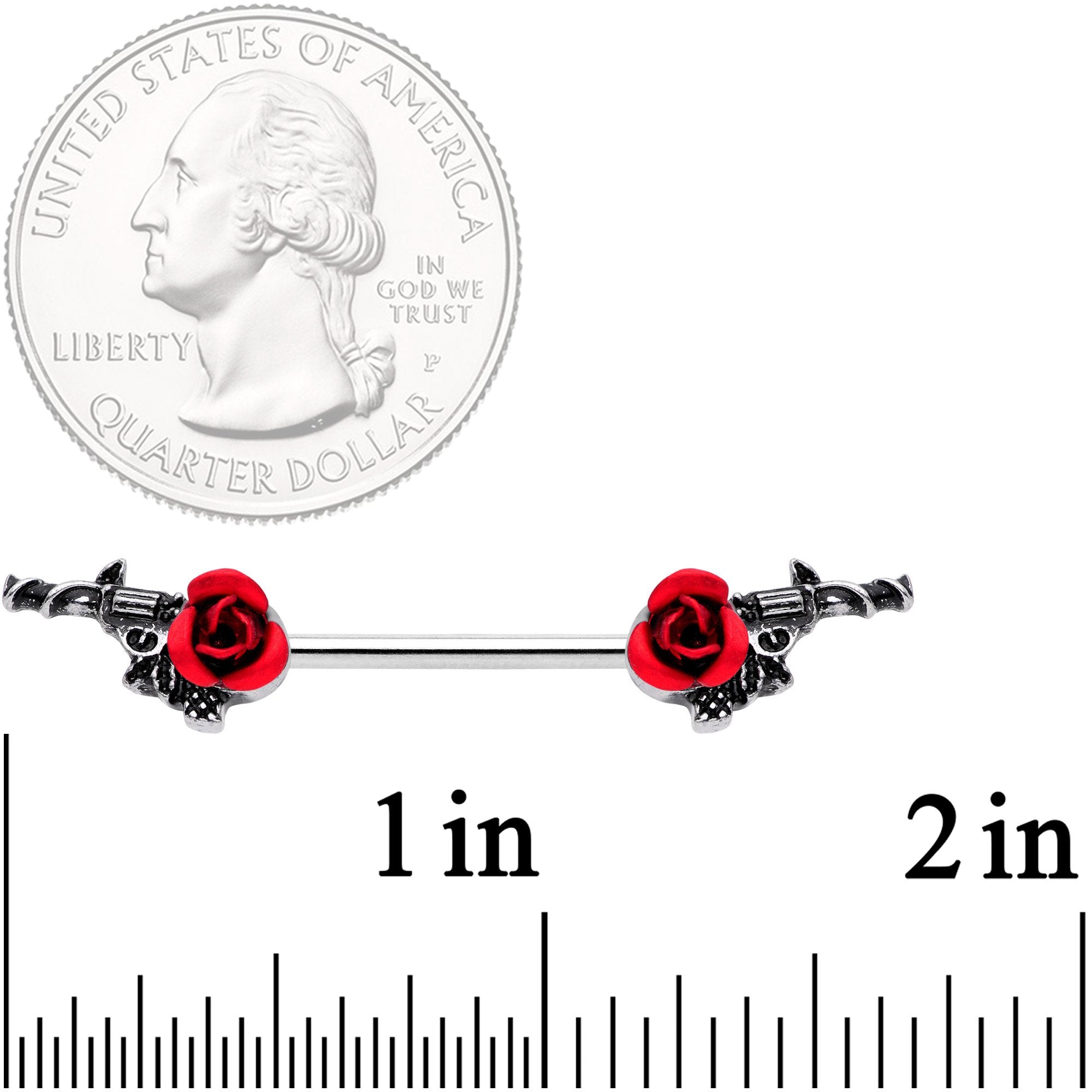 14G 9/16 Red Rose Flower and Gun Barbell Nipple Ring Set