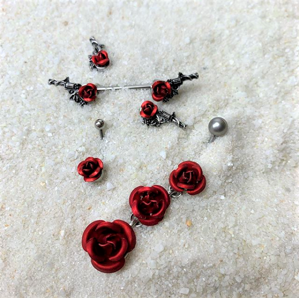 Single Flower Red Rose Belly Button Ring