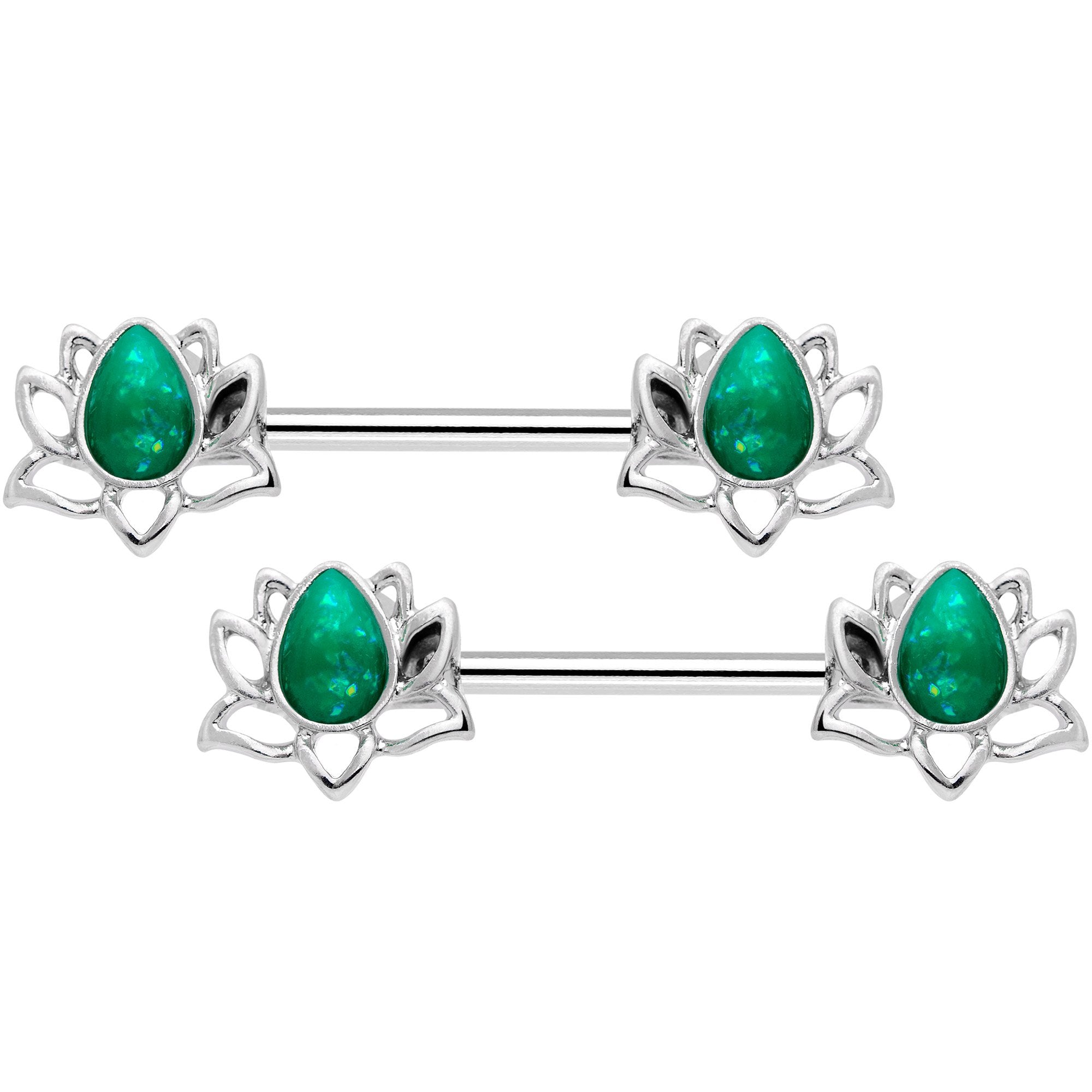 14G 9/16 Green Faux Opal Lotus Flower Barbell Nipple Ring Set
