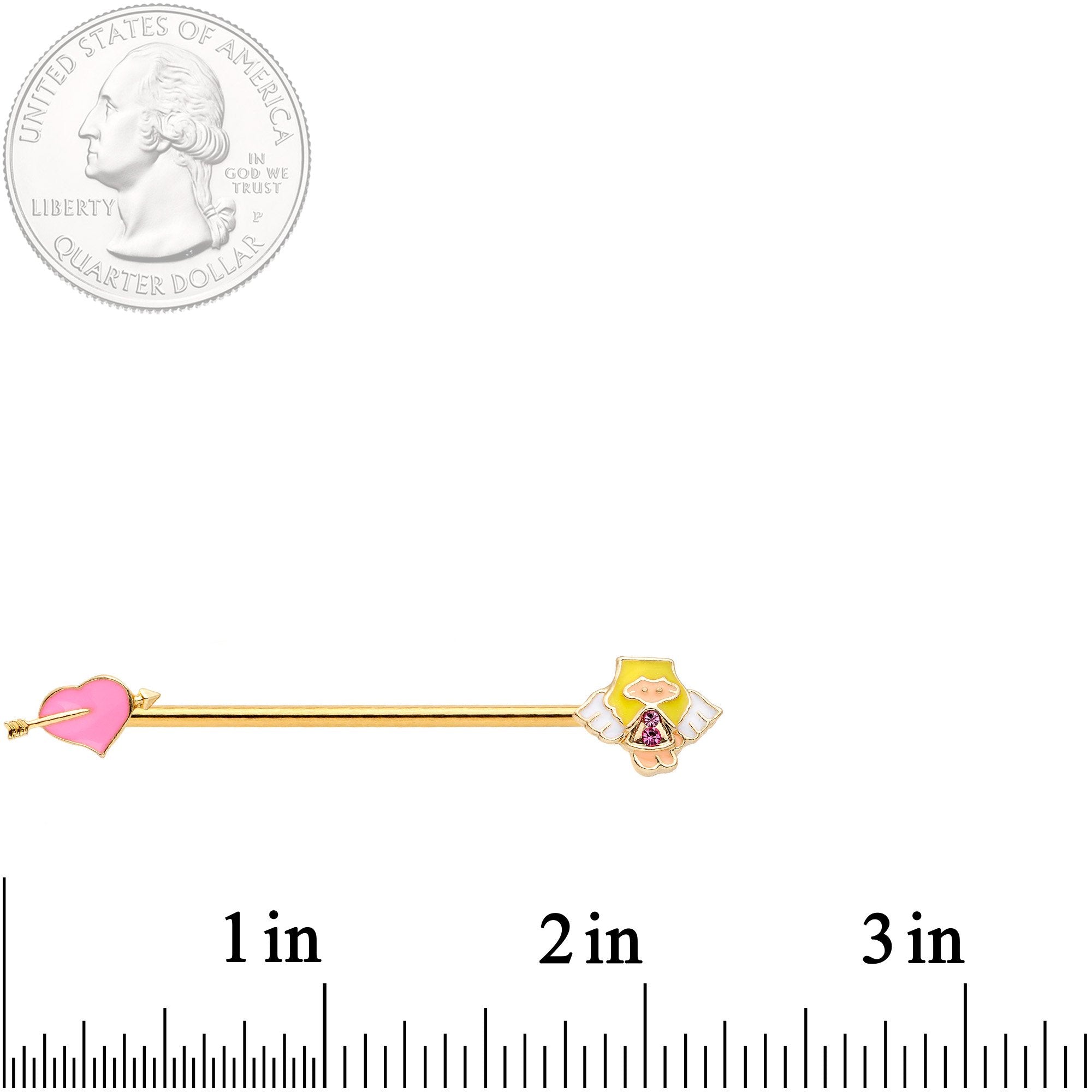 14G Pink Gem Gold Tone Cupid Industrial Barbell 38mm