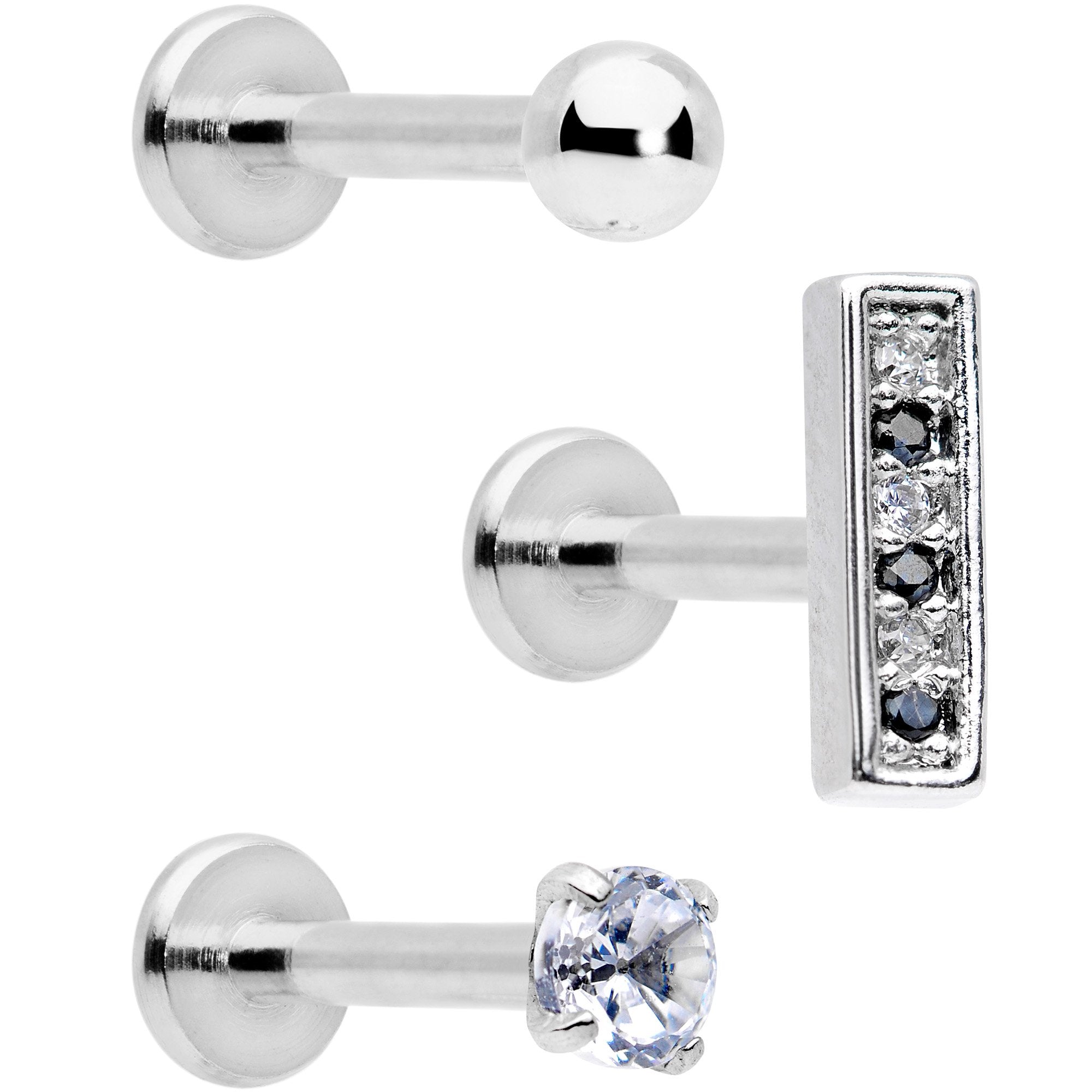 16G 5/16 Clear Black CZ Bar Internally Threaded Labret Set of 3