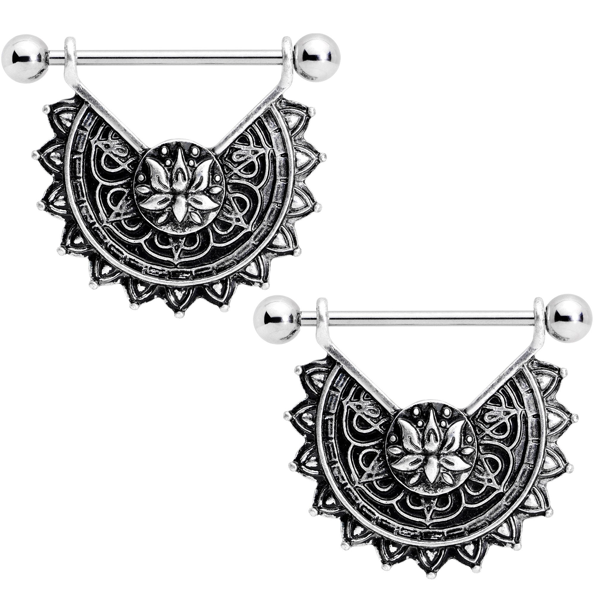 14G 9/16 Drama Lotus Flower Mandala Dangle Nipple Ring Set