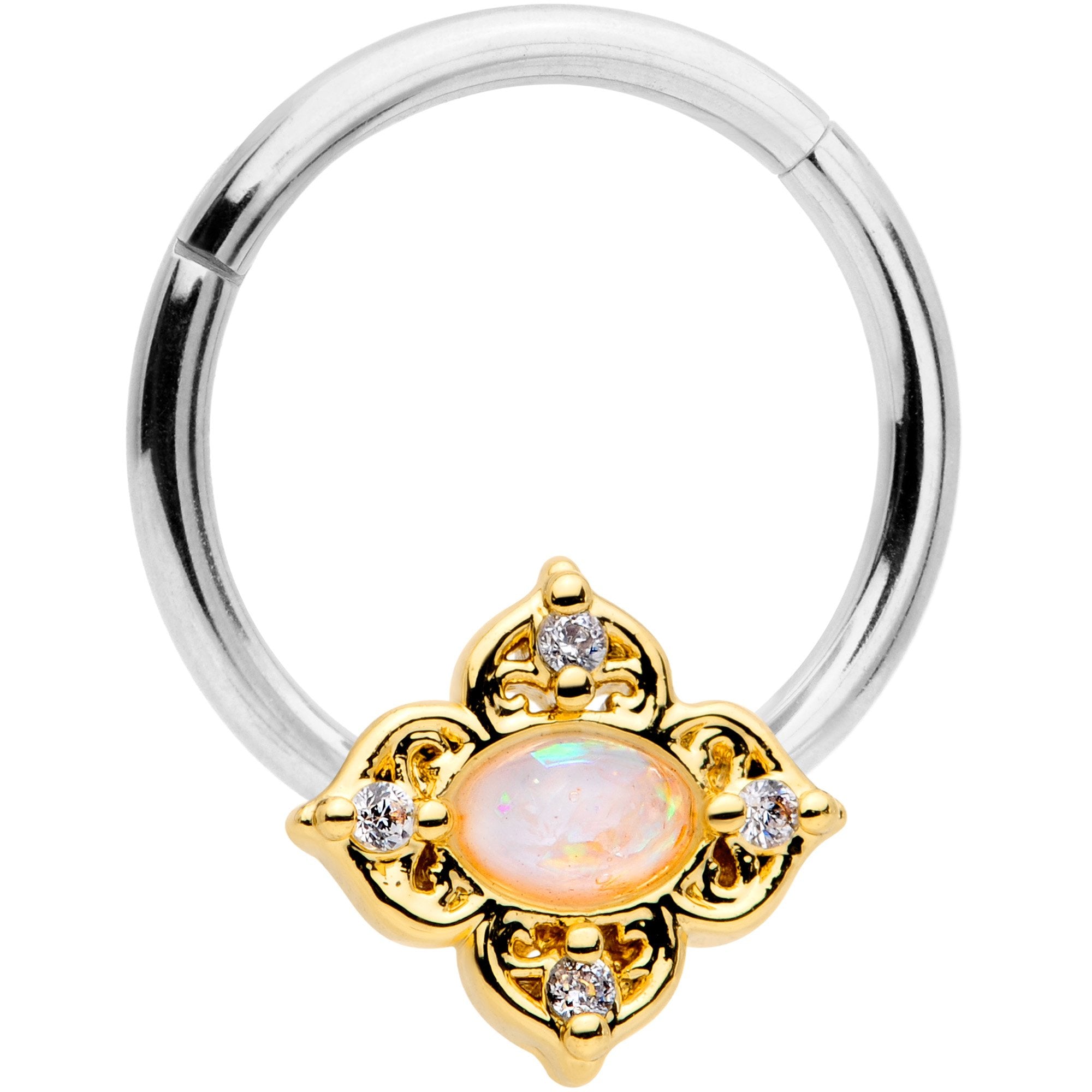 16G 3/8 Clear CZ White Faux Opal Rhombus Hinged Segment Ring