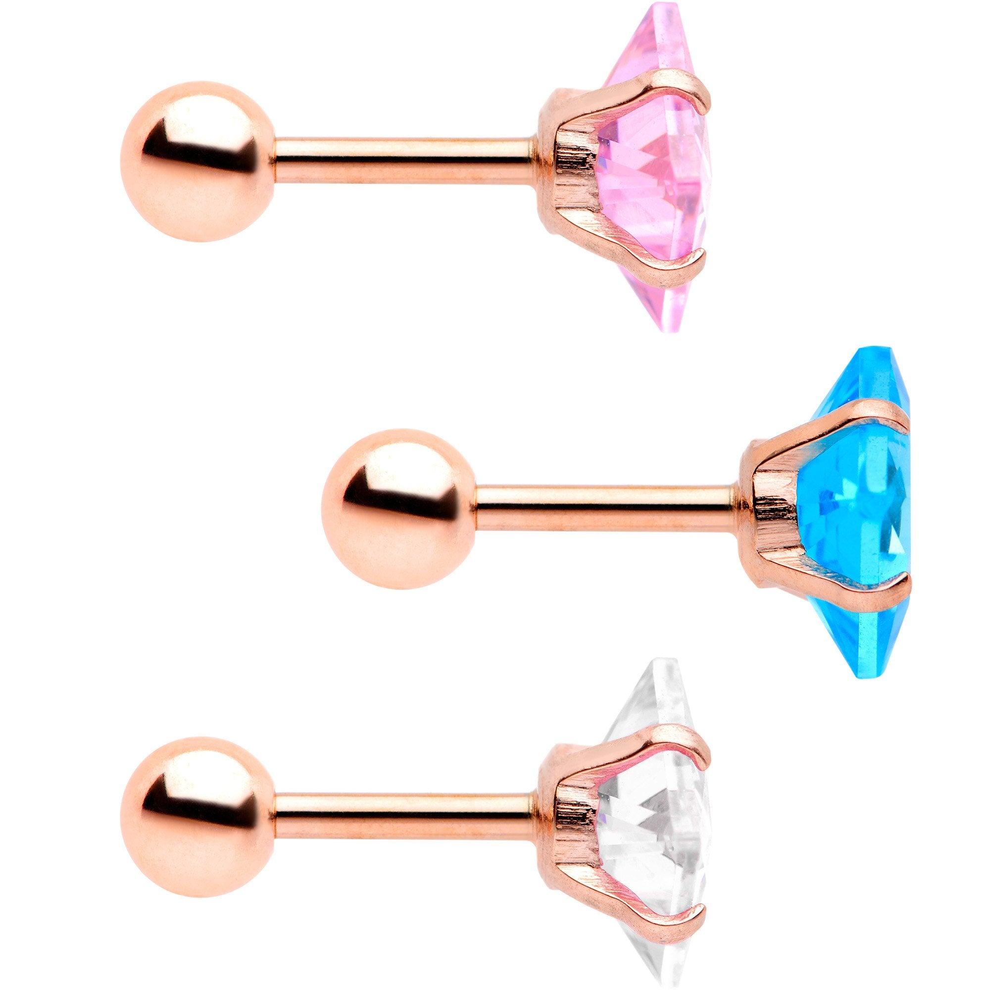 16G 1/4 Color CZ Gem Rose Gold Tone Cartilage Tragus Set of 3