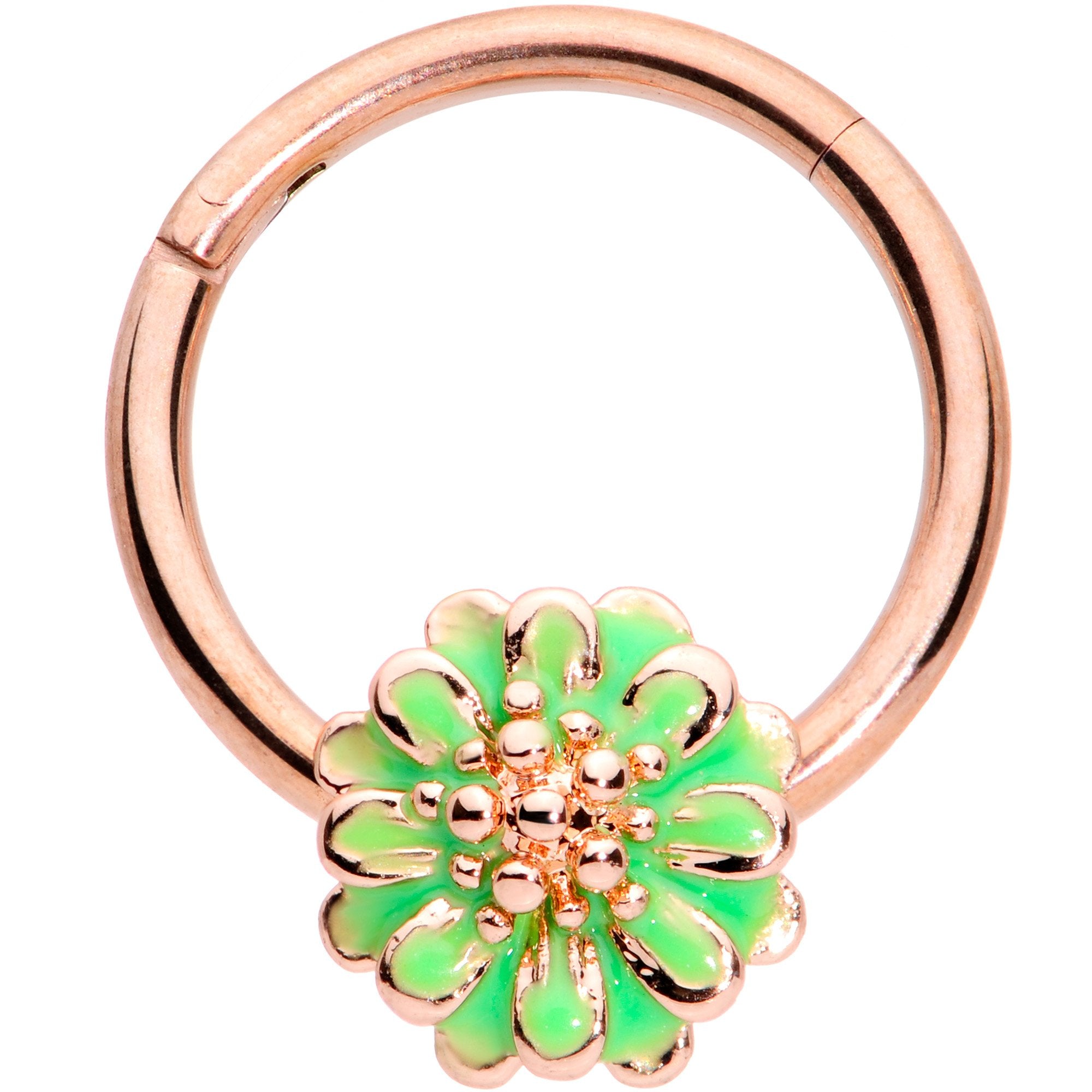 16G 3/8 Rose Gold Tone Green Flower Hinged Segment Ring