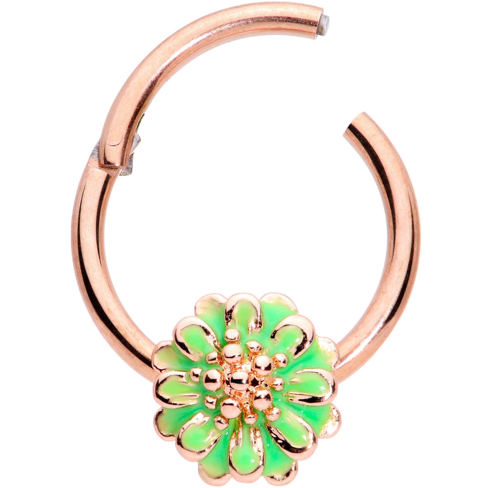 16G 3/8 Rose Gold Tone Green Flower Hinged Segment Ring