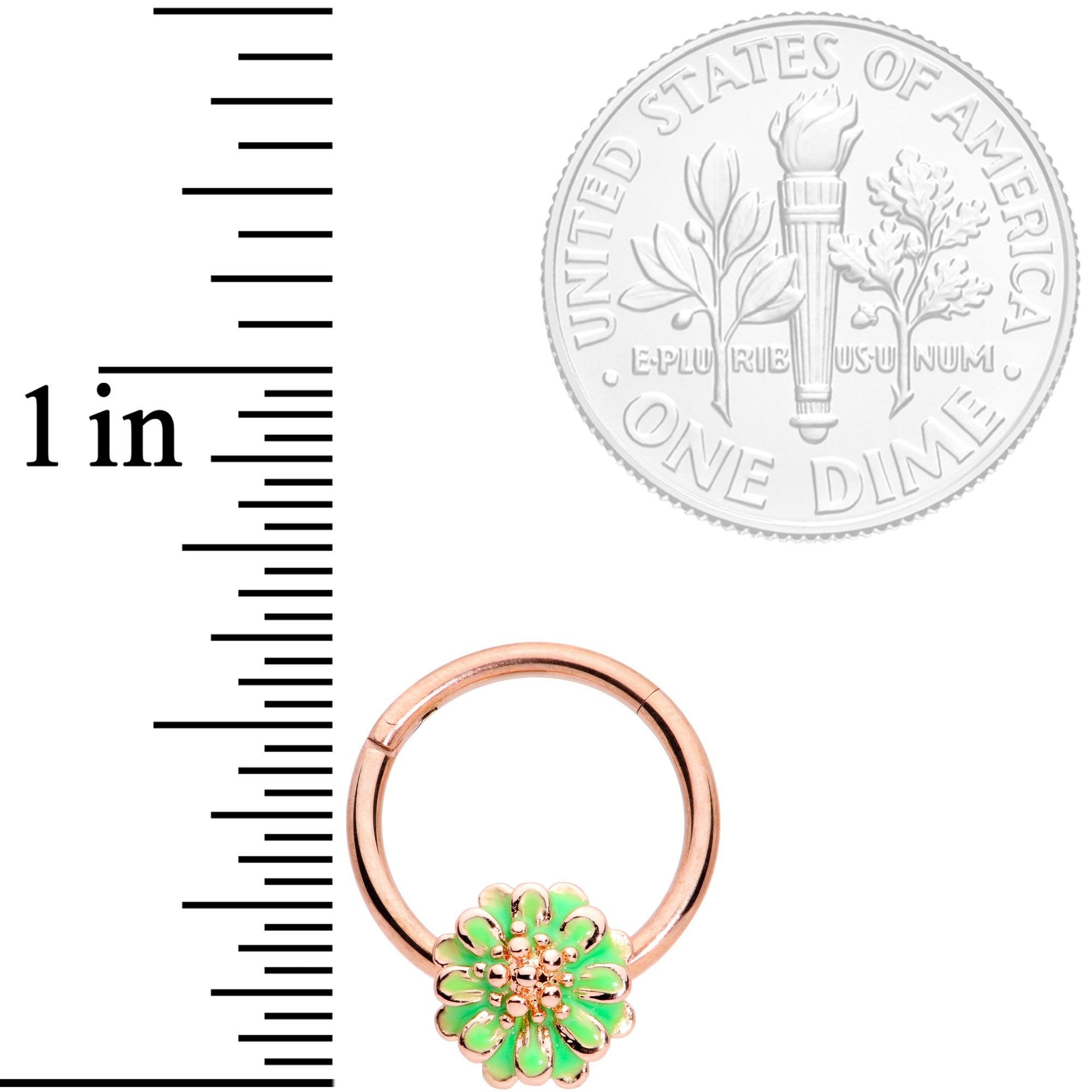 16G 3/8 Rose Gold Tone Green Flower Hinged Segment Ring