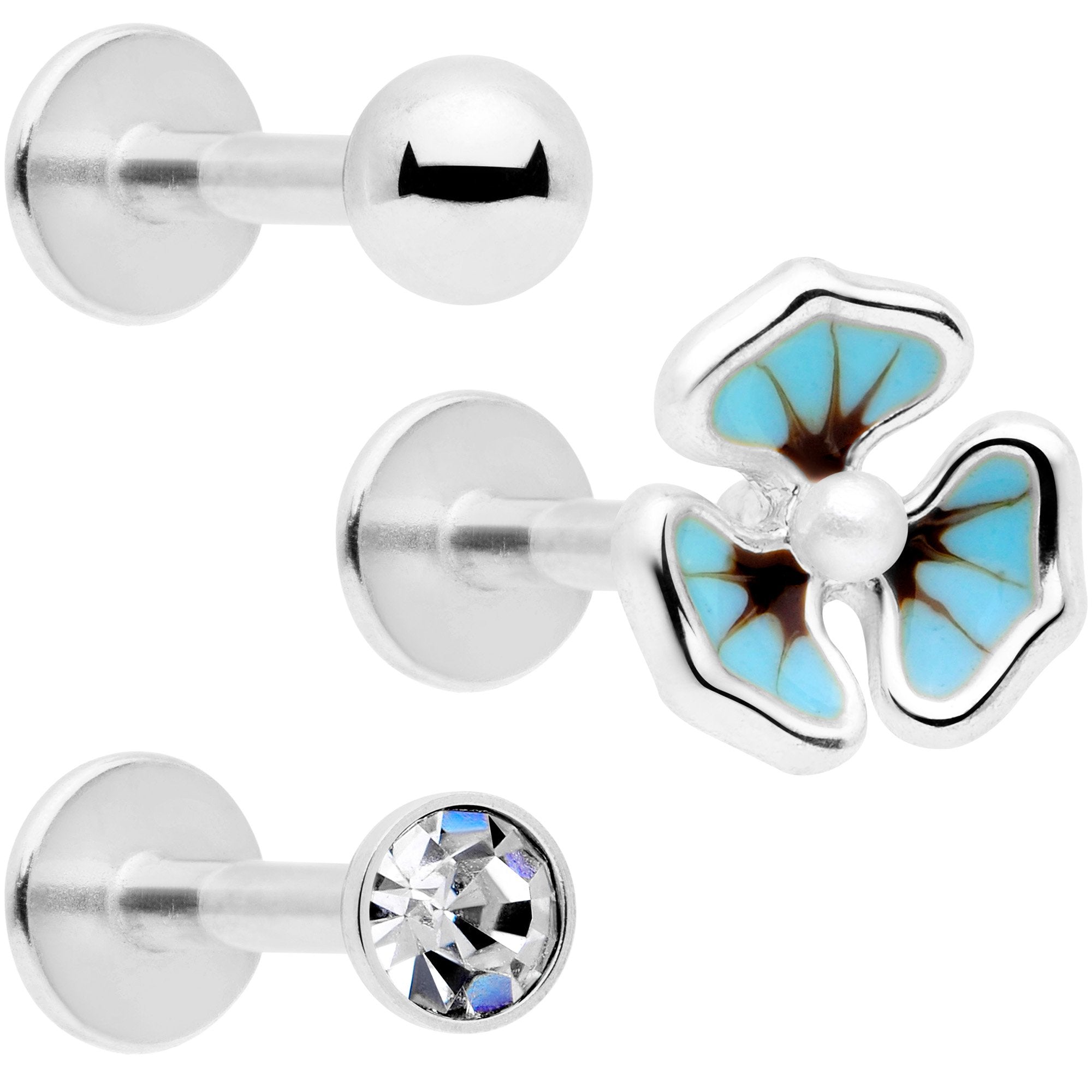 16G 5/16 Clear Gem Blue Flower Labret Monroe Tragus Set of 3