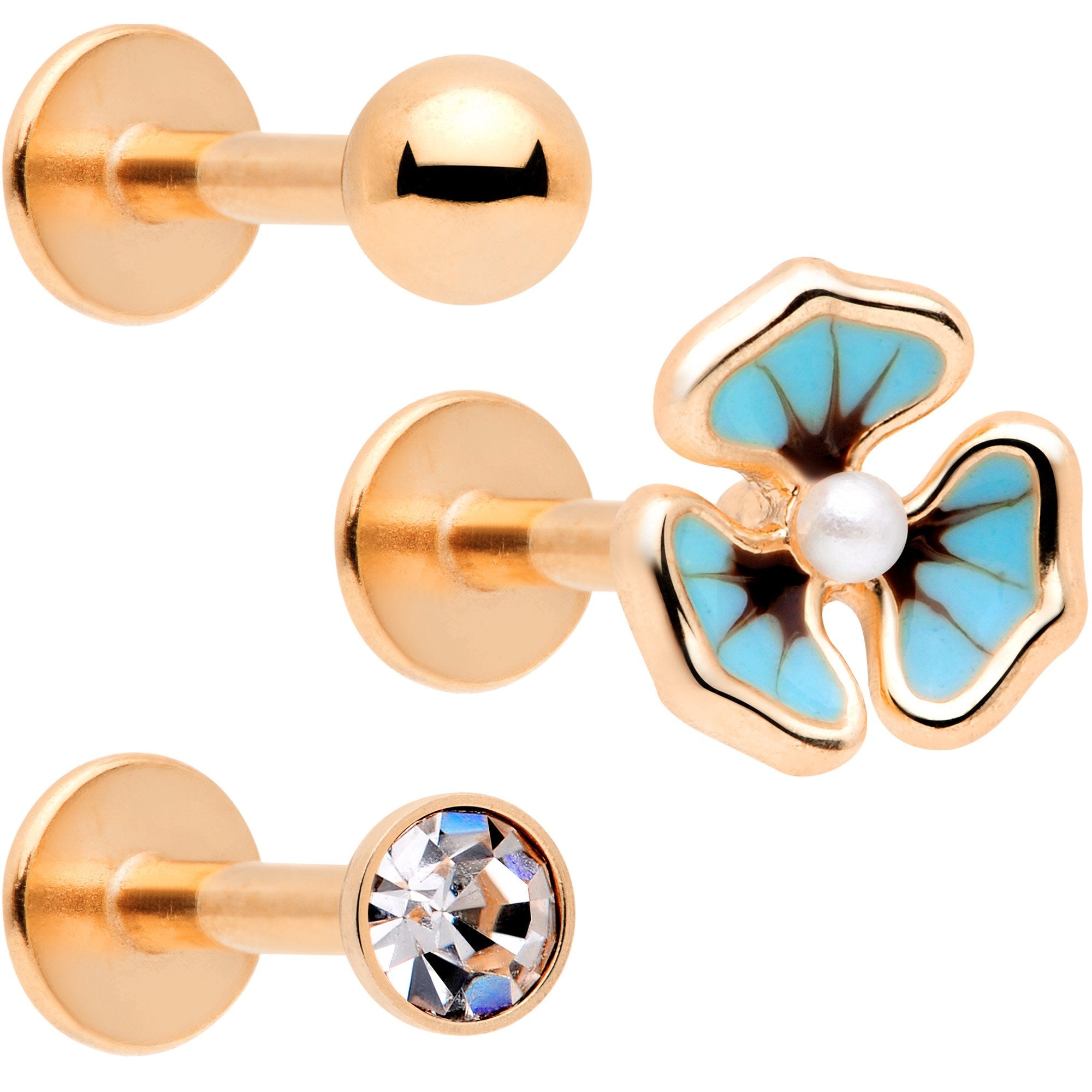 16G 5/16 Clear Gem Rose Gold Tone Blue Pansy Labret Set