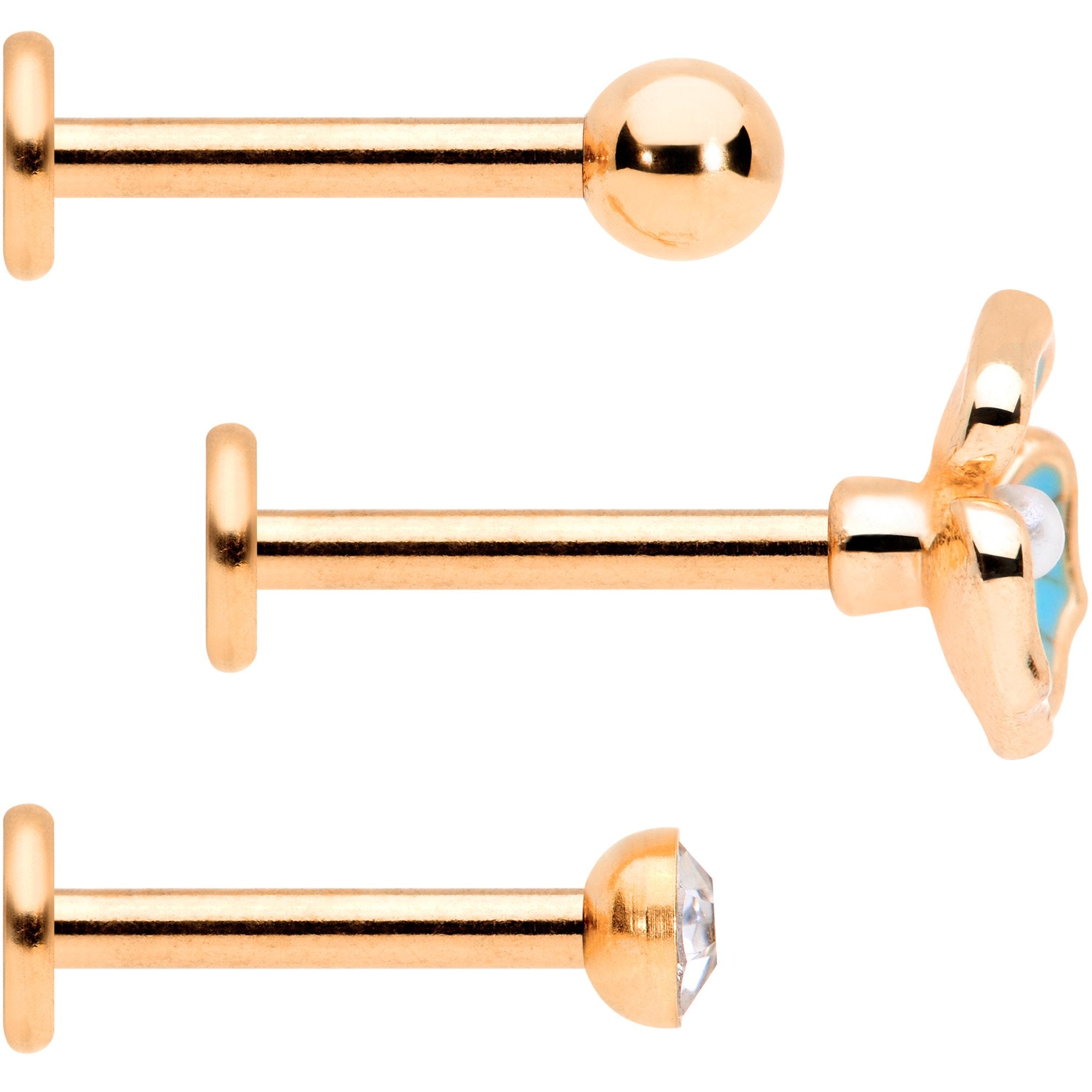 16G 5/16 Clear Gem Rose Gold Tone Blue Pansy Labret Set