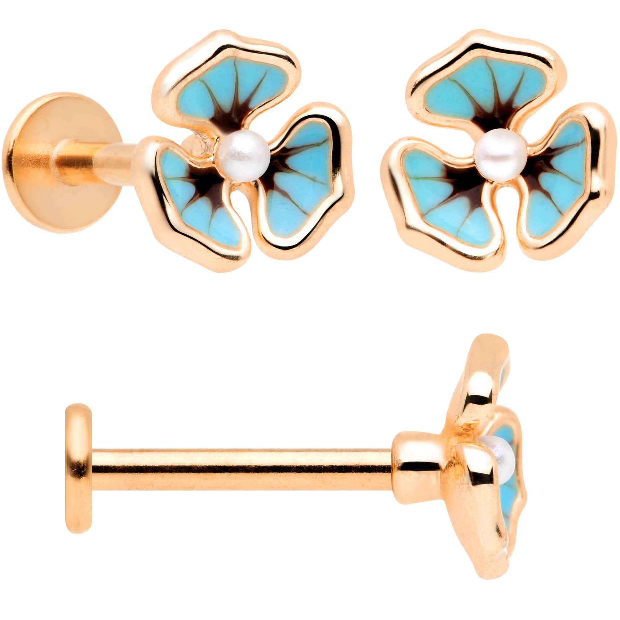 16G 5/16 Clear Gem Rose Gold Tone Blue Pansy Labret Set