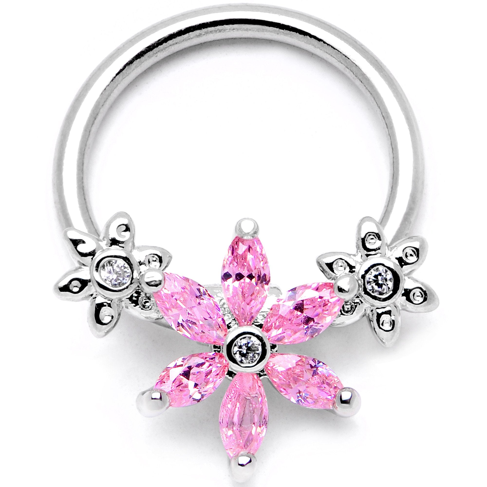 16G 3/8 Pink CZ Gem Flower BCR Captive Ring
