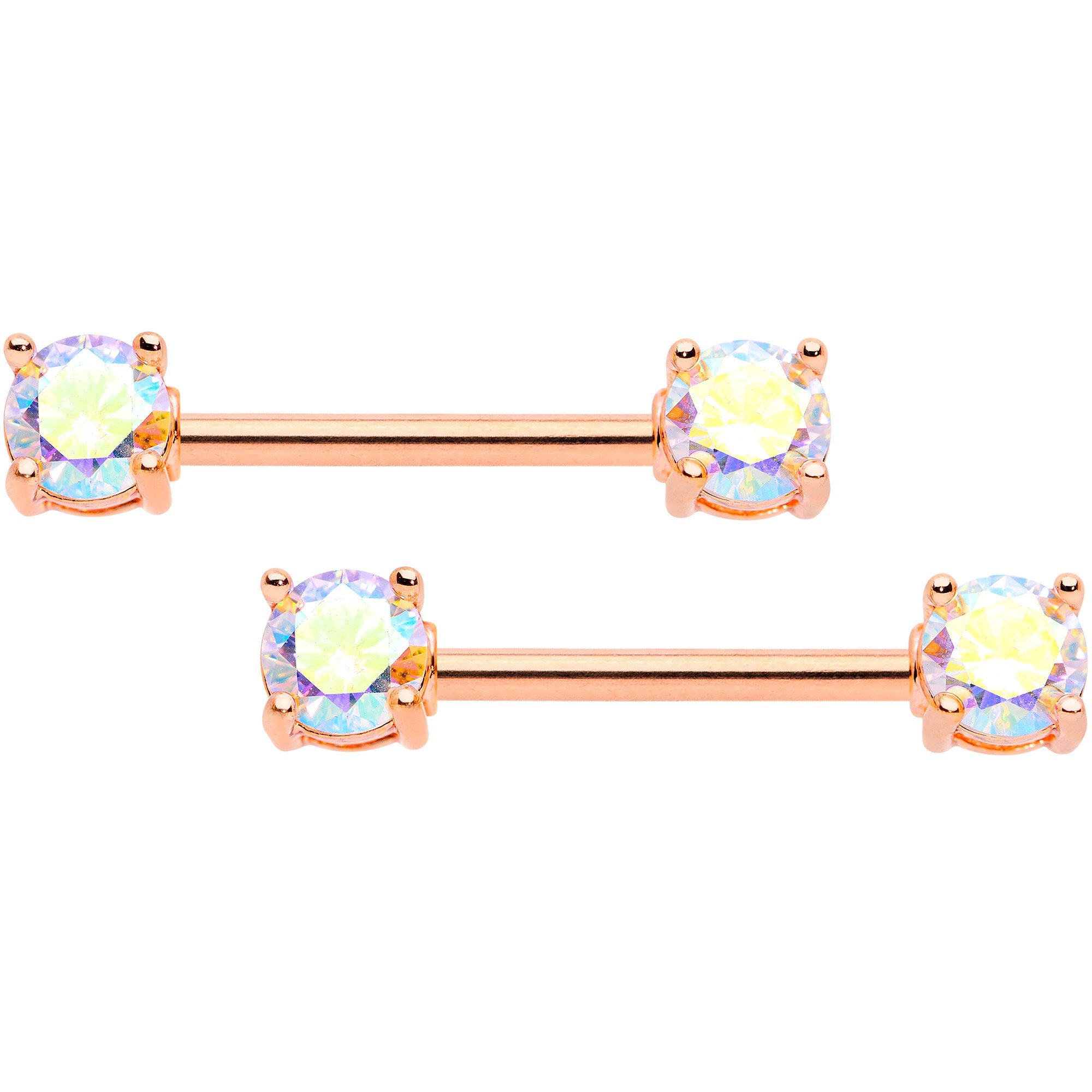 14G 9/16 Aurora CZ Gem Rose Gold Tone Barbell Nipple Ring Set